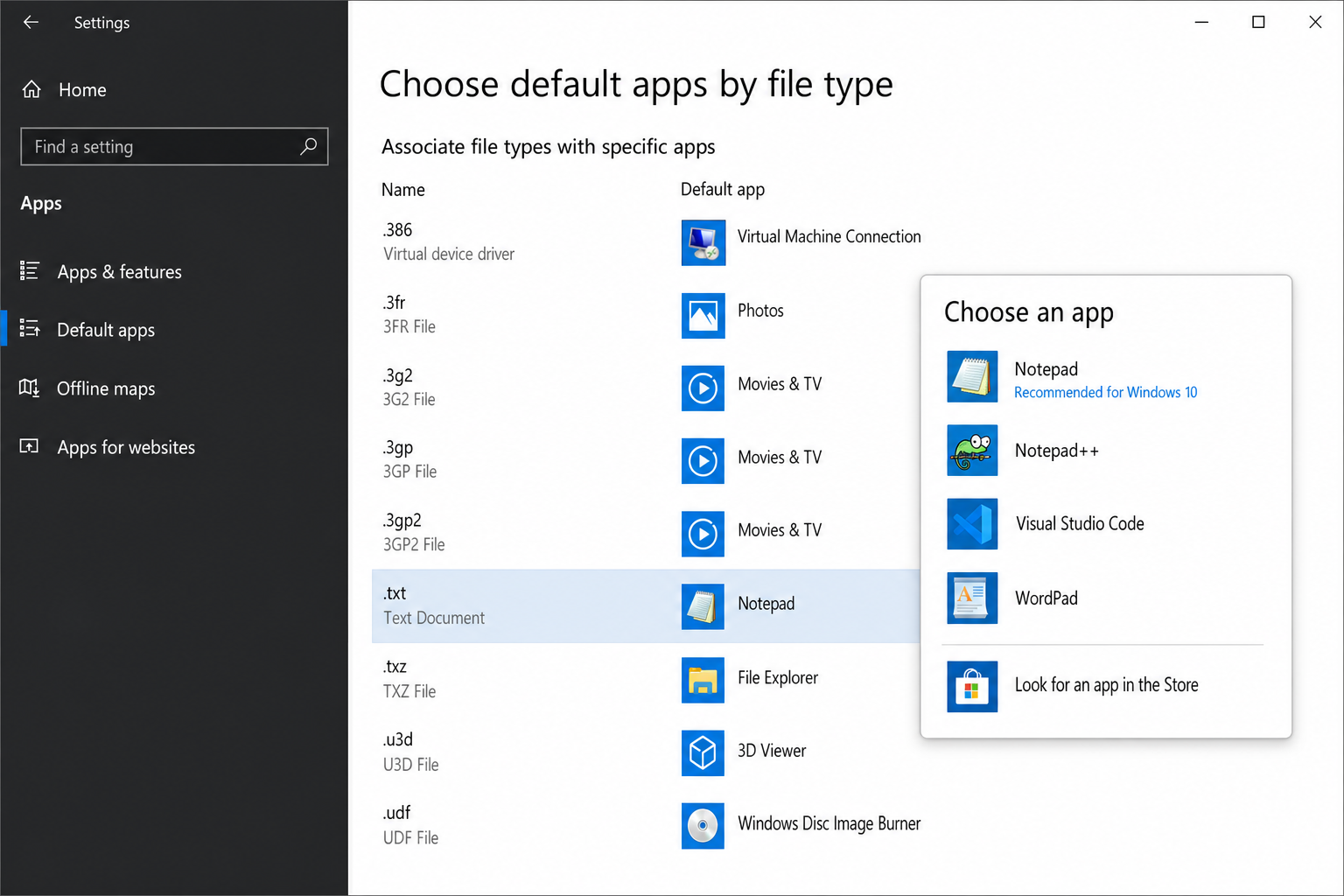 Windows 10 Settings > Apps > Default apps > Choose default apps by file type, showing the .txt file type row with the app picker open