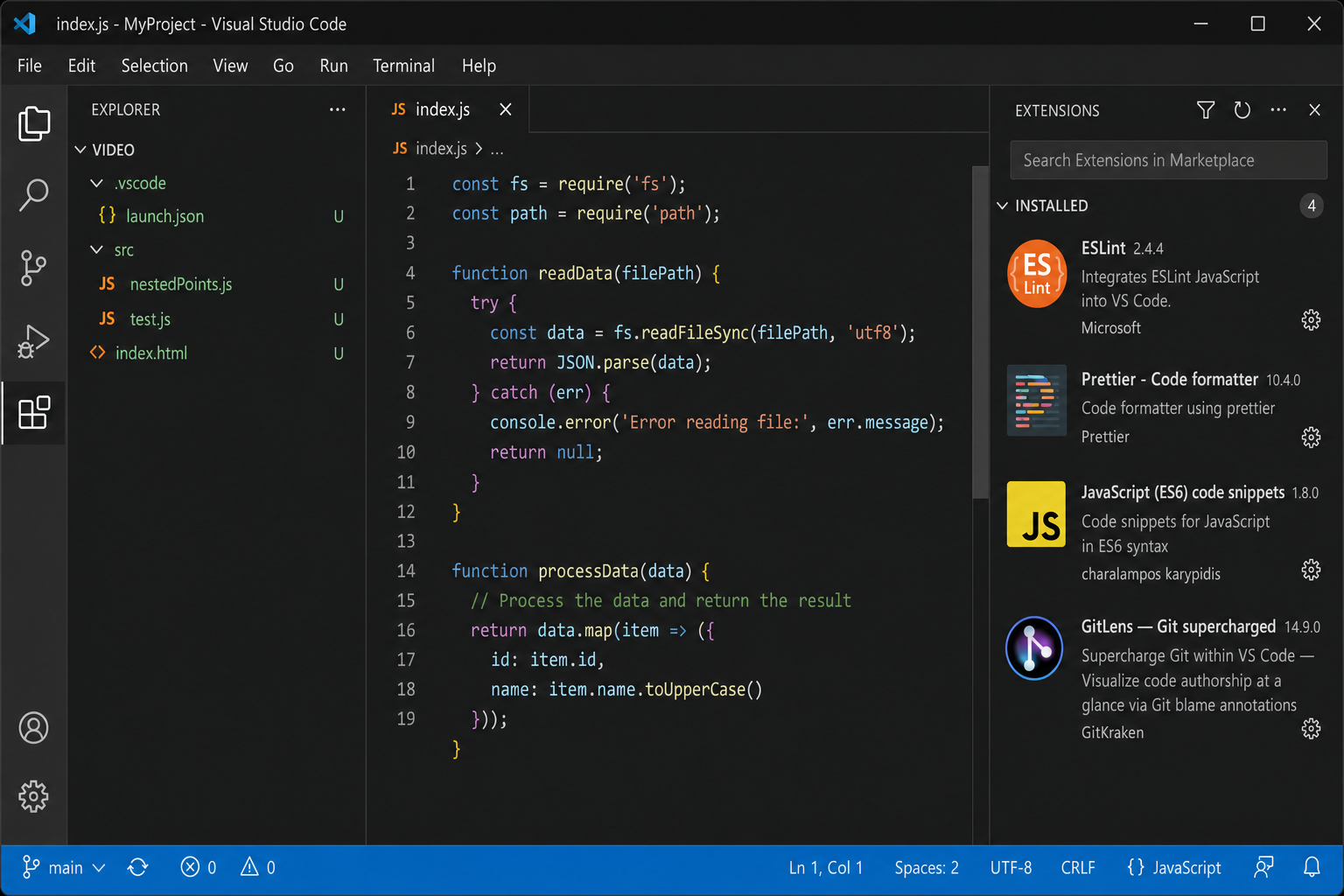 Visual Studio Code main window with a JavaScript file open, the Explorer sidebar visible on the left, and the Extensions panel showing installed plugins