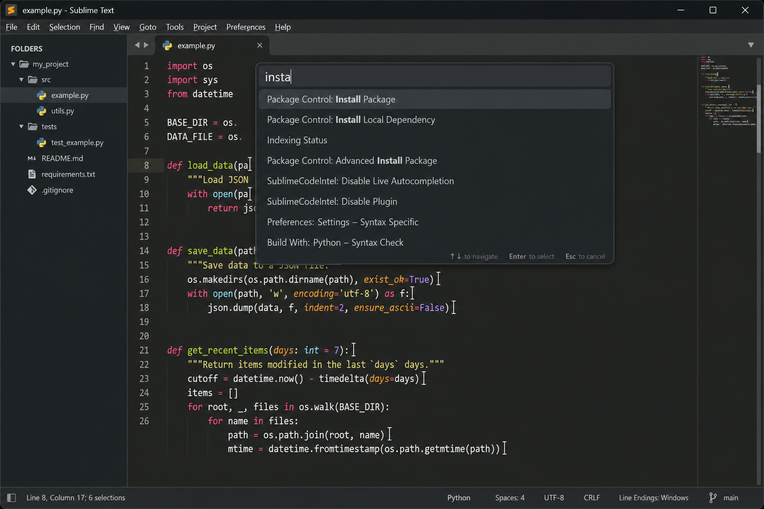 Sublime Text 4 main window showing a Python file with syntax highlighting, the command palette open, and multiple cursors active on several lines
