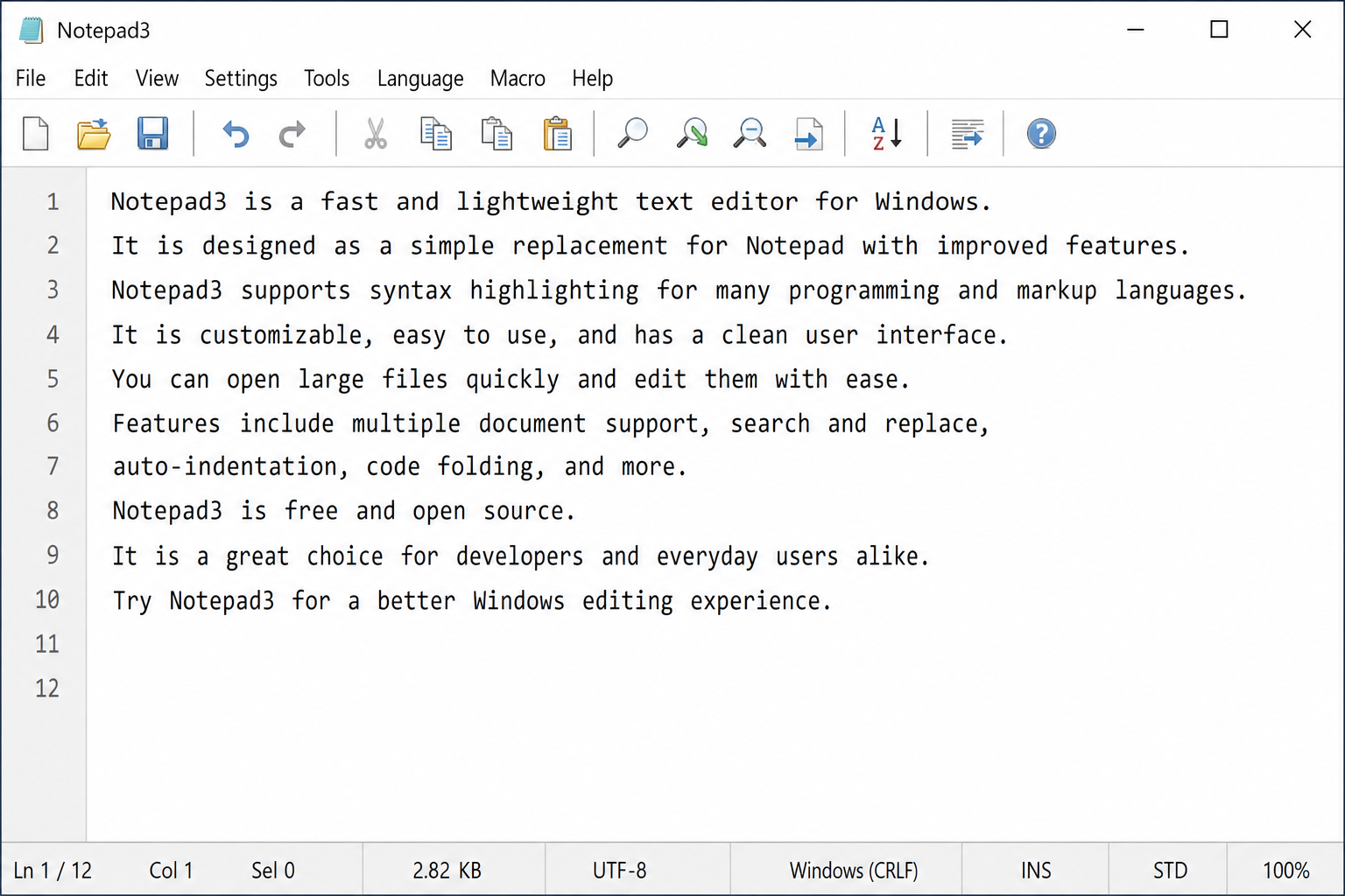 Notepad3 main window showing a plain text file with line numbers visible on the left, the toolbar at the top, and the status bar at the bottom showing encoding and line ending information