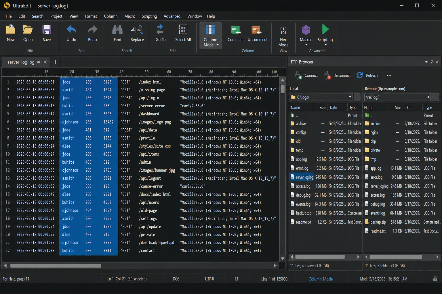 UltraEdit main window showing a large log file open with the column mode selection active and the built-in FTP browser panel visible on the side