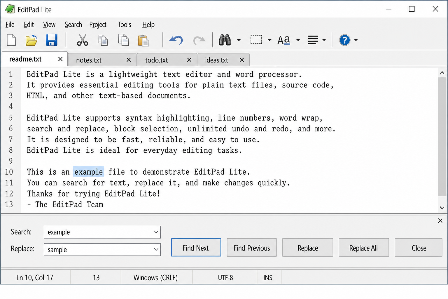 EditPad Lite main window showing multiple text files open in tabs, with the search-and-replace panel open at the bottom