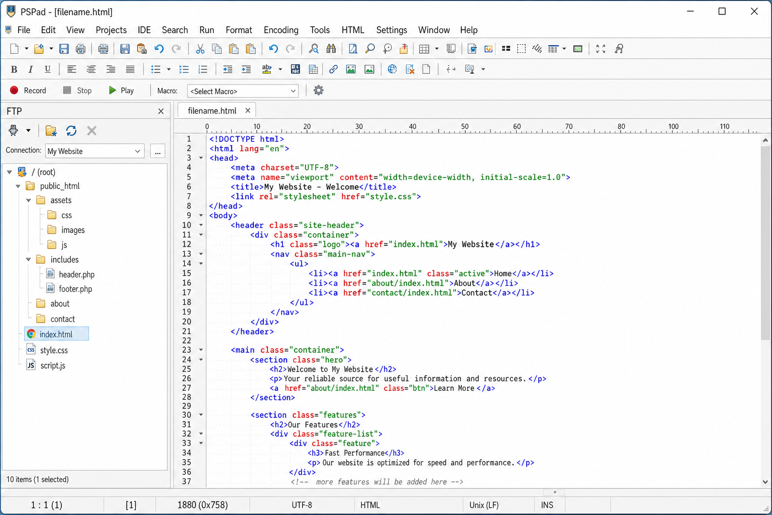 PSPad main window showing an HTML file with syntax highlighting, the built-in FTP browser panel open on the left, and the macro recorder toolbar visible