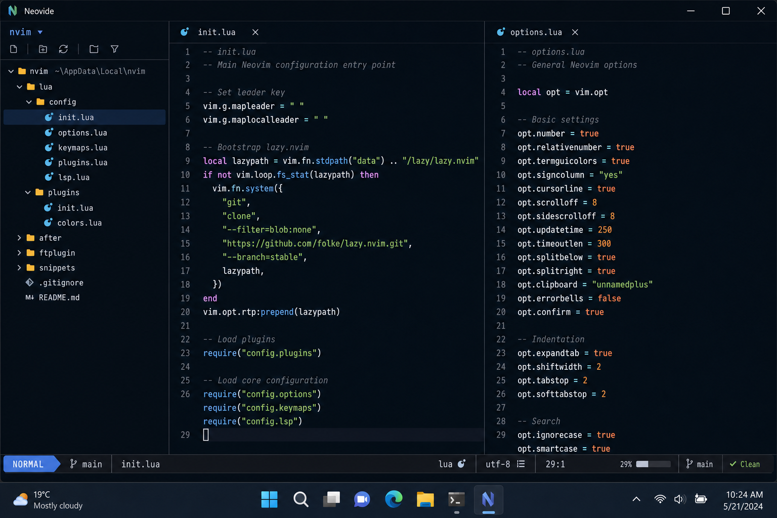 Neovim running in the Neovide GUI frontend on Windows, showing a Lua configuration file with syntax highlighting and the file explorer plugin open on the left side