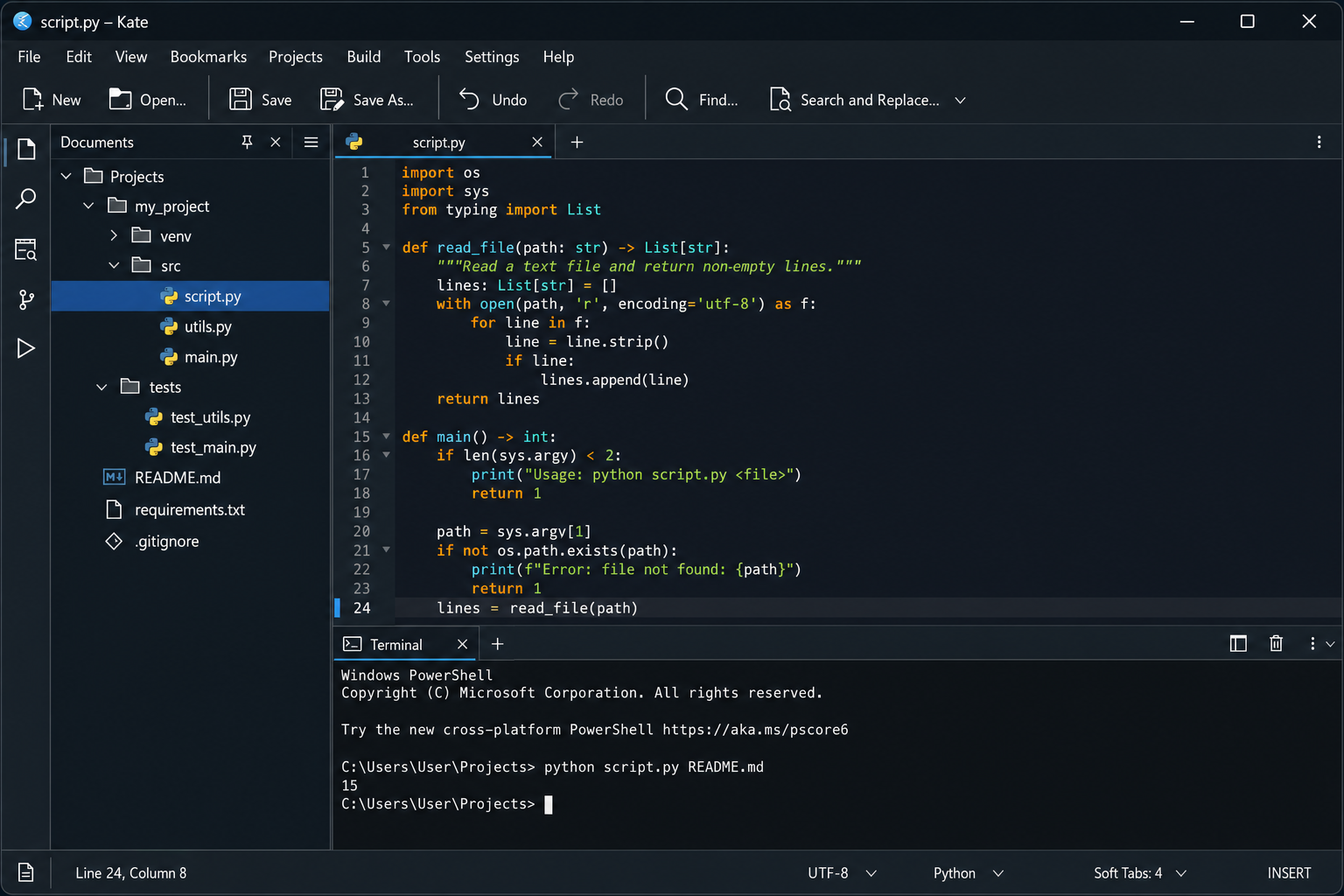 Kate editor main window on Windows showing a Python file with syntax highlighting, the document browser panel on the left, and the built-in terminal panel open at the bottom