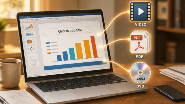 Laptop displaying a presentation with bar chart and 'Click to add title' text, connected to video, PDF, and DVD icons on the right for export options. - powerpoint-to-dvd-flash-pdf-featured