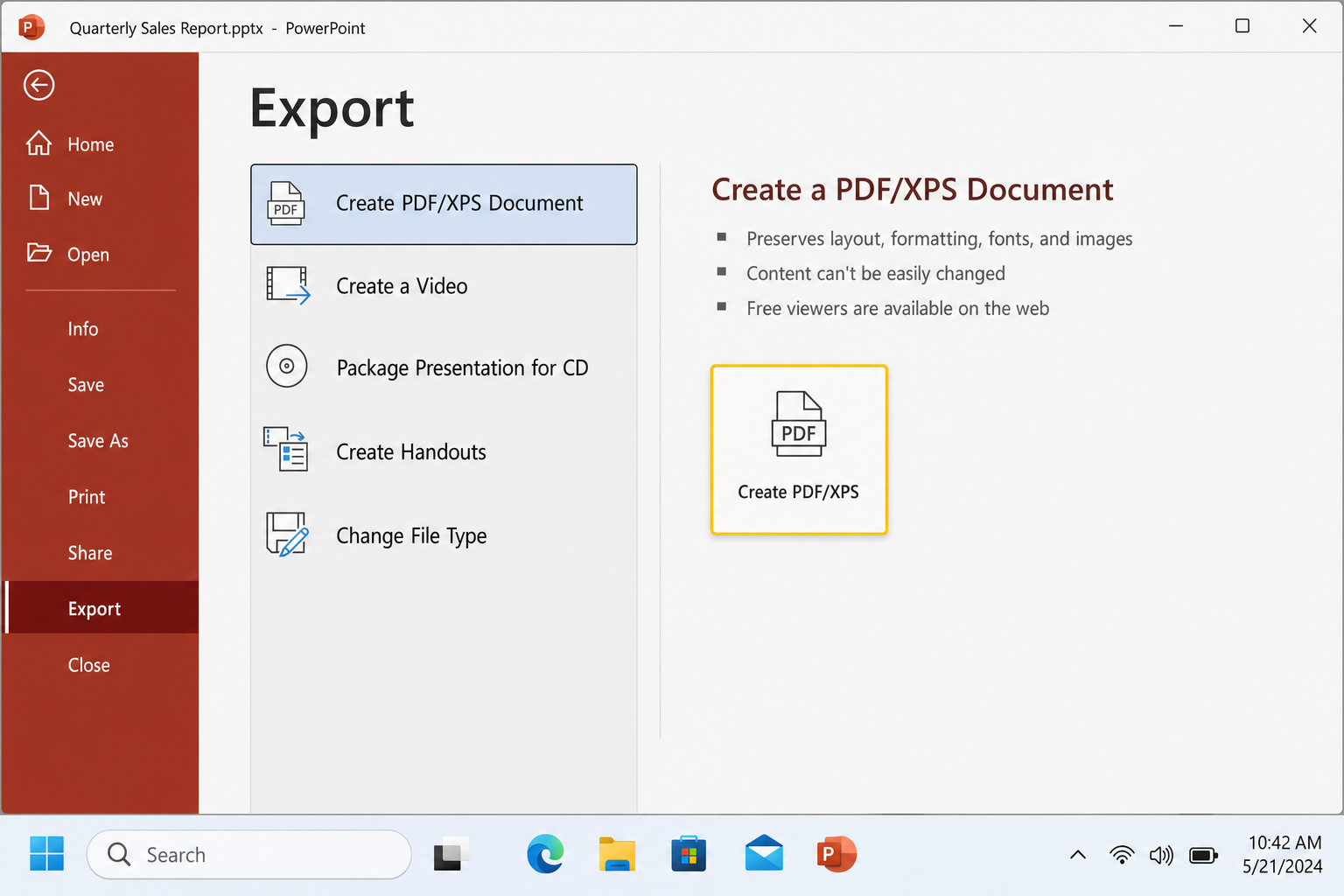 PowerPoint File > Export > Create PDF/XPS Document screen with the Create PDF/XPS button highlighted