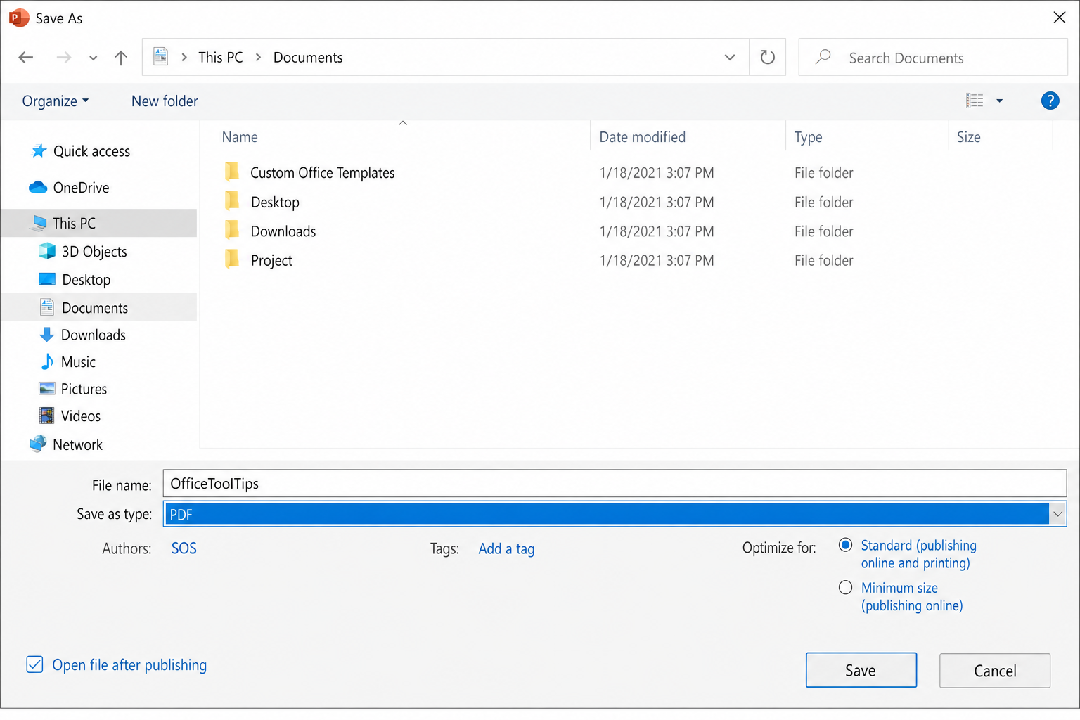 PowerPoint Save As dialog with PDF selected in the Save as type dropdown