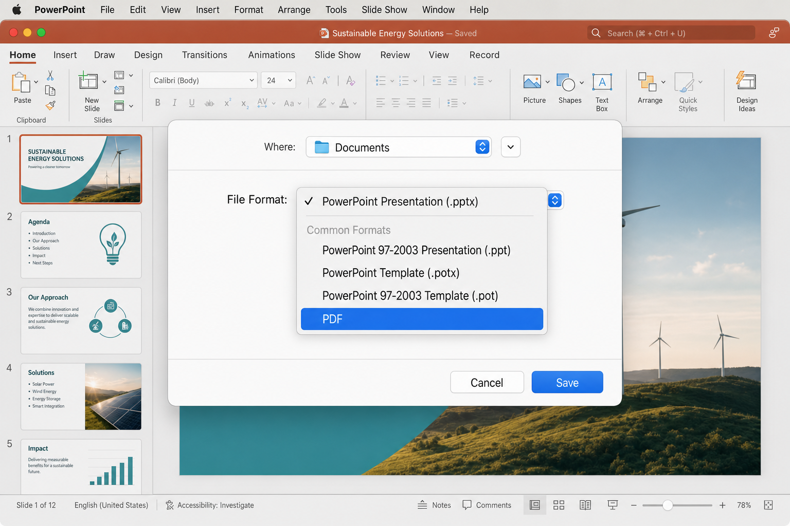 PowerPoint for Mac Export dialog with PDF selected as the file format