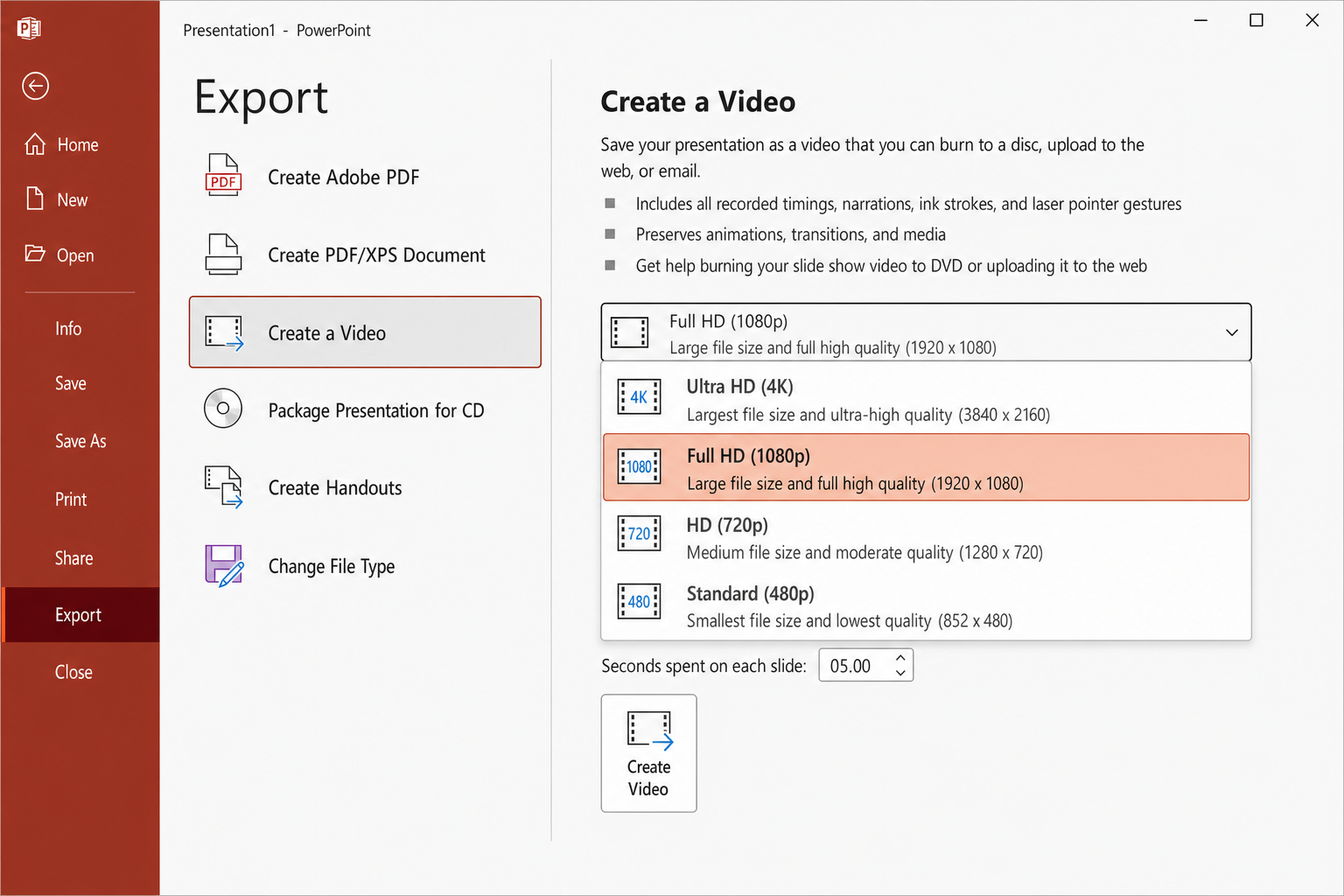 PowerPoint File > Export > Create a Video screen showing quality dropdown set to Full HD 1080p and timing options