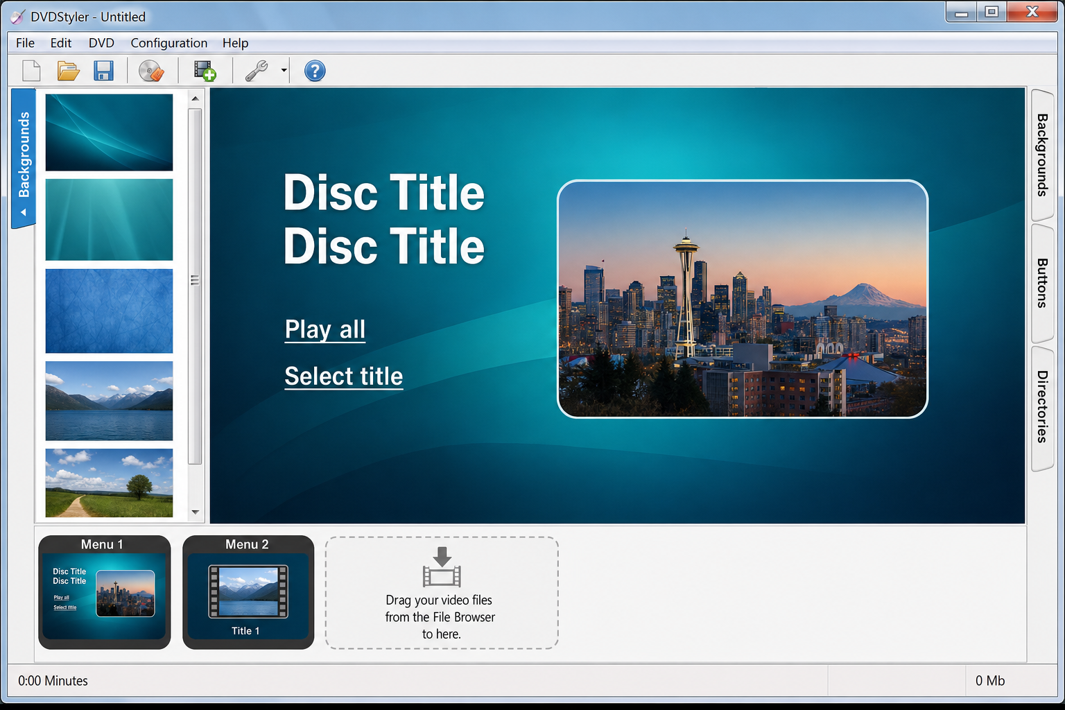 DVDStyler main window with an MP4 video file added to the project and a menu template selected