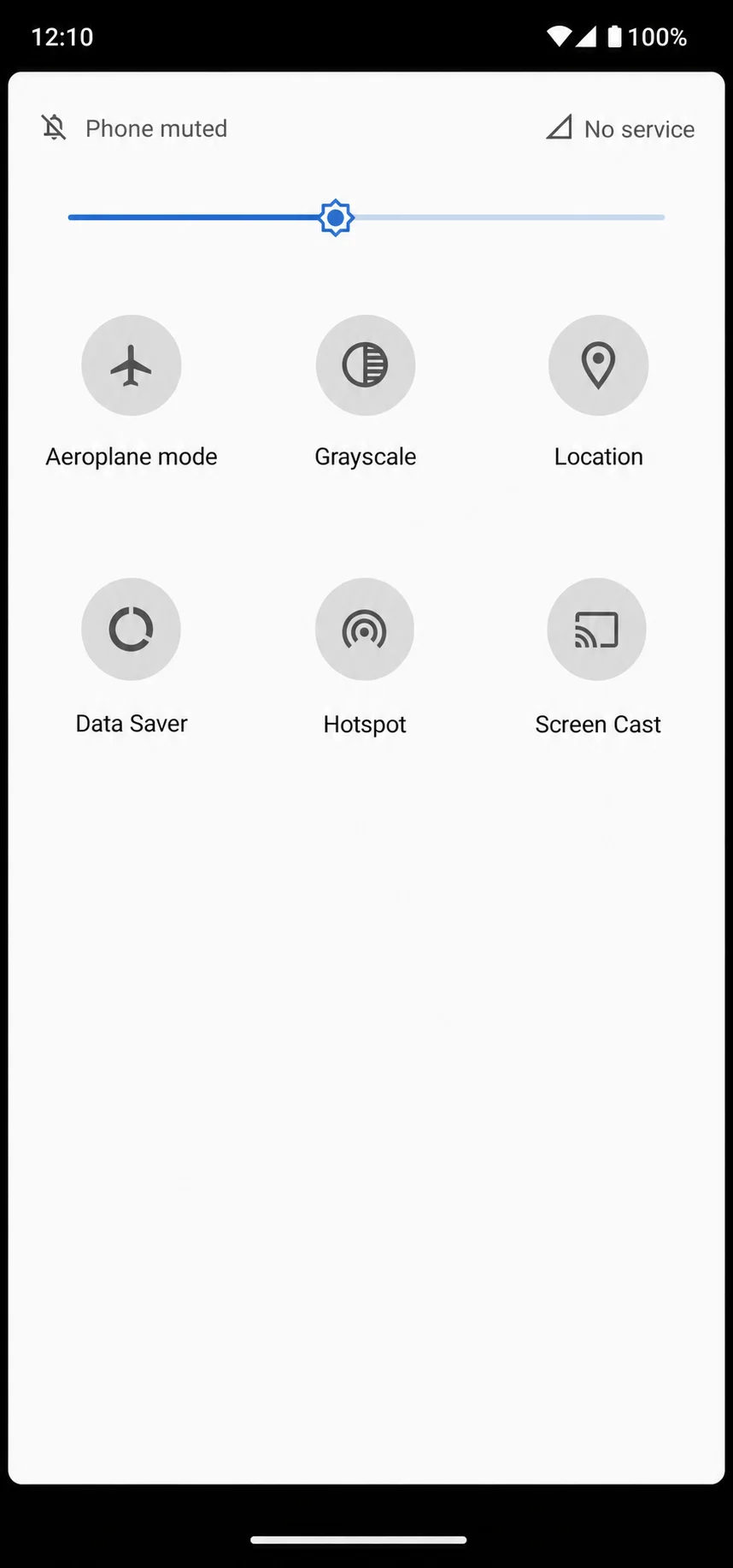 refined-1 - Online Tech Tips Android quick settings panel with phone muted and no service indicators. Six toggle tiles visible: Aeroplane mode, Grayscale, Location, Data Saver, Hotspot, and Screen Cast. A brightness slider is shown at the top. - refined-1