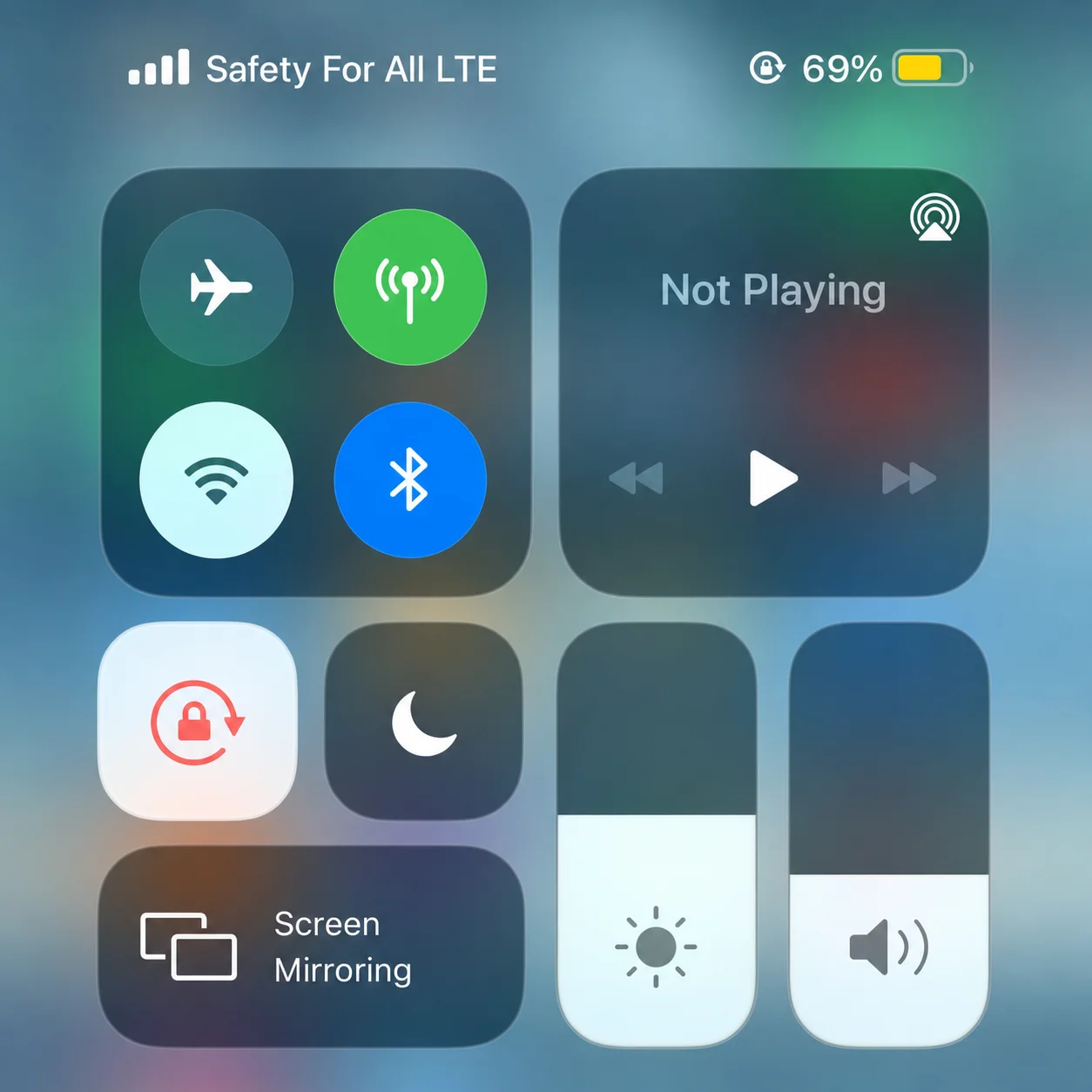 refined-2 - Online Tech Tips iOS Control Center showing airplane mode, cellular data (active/green), Wi-Fi, and Bluetooth toggles, a media player showing - refined-2'Not Playing', screen mirroring, rotation lock, Do Not Disturb, brightness, and volume sliders.
