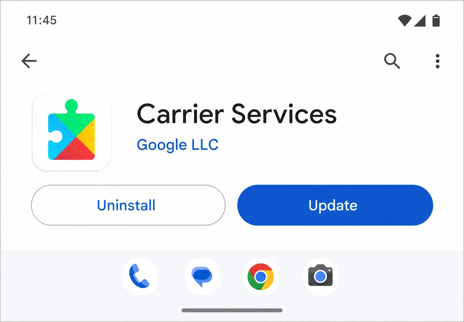 refined-8 - Online Tech Tips Google Play Store app detail page for Carrier Services by Google LLC, with an Uninstall button on the left and a blue Update button on the right. - refined-8