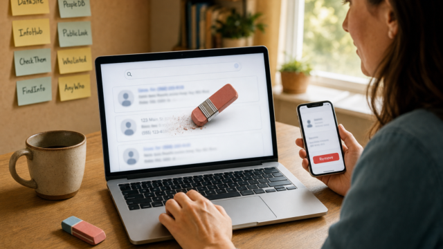 Woman at a desk with a laptop and smartphone; a large pink eraser rests on the laptop screen, implying deletion of contact list items. - remove-name-from-search-engines-featured