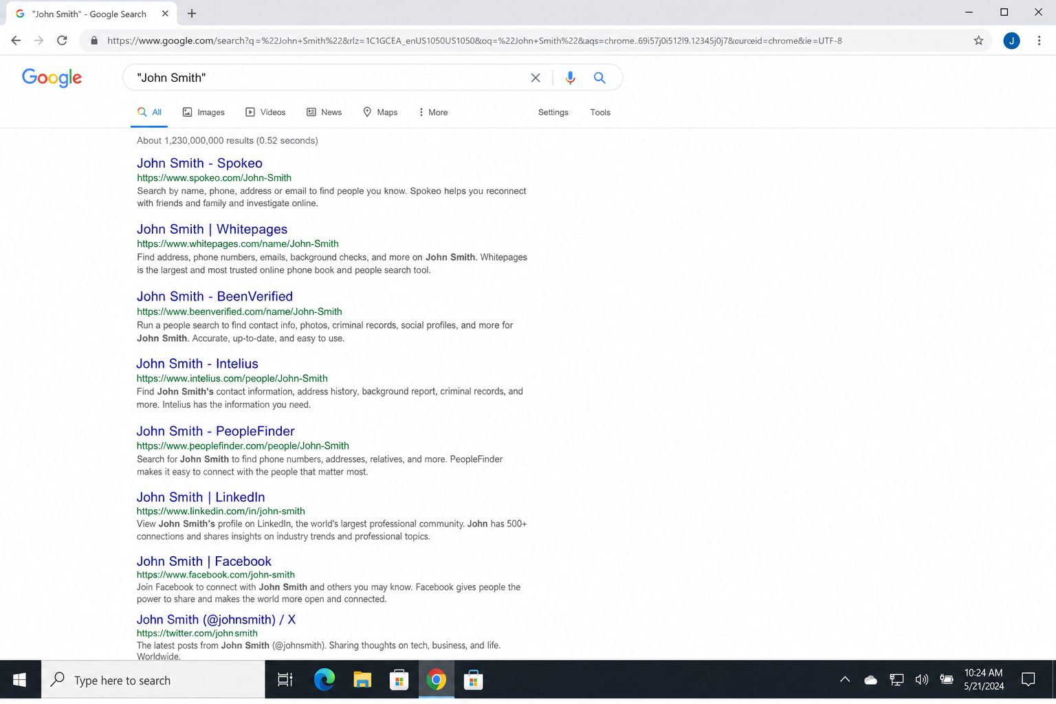 Google search results page showing a name search in quotes with various people-search sites and social profiles visible in results