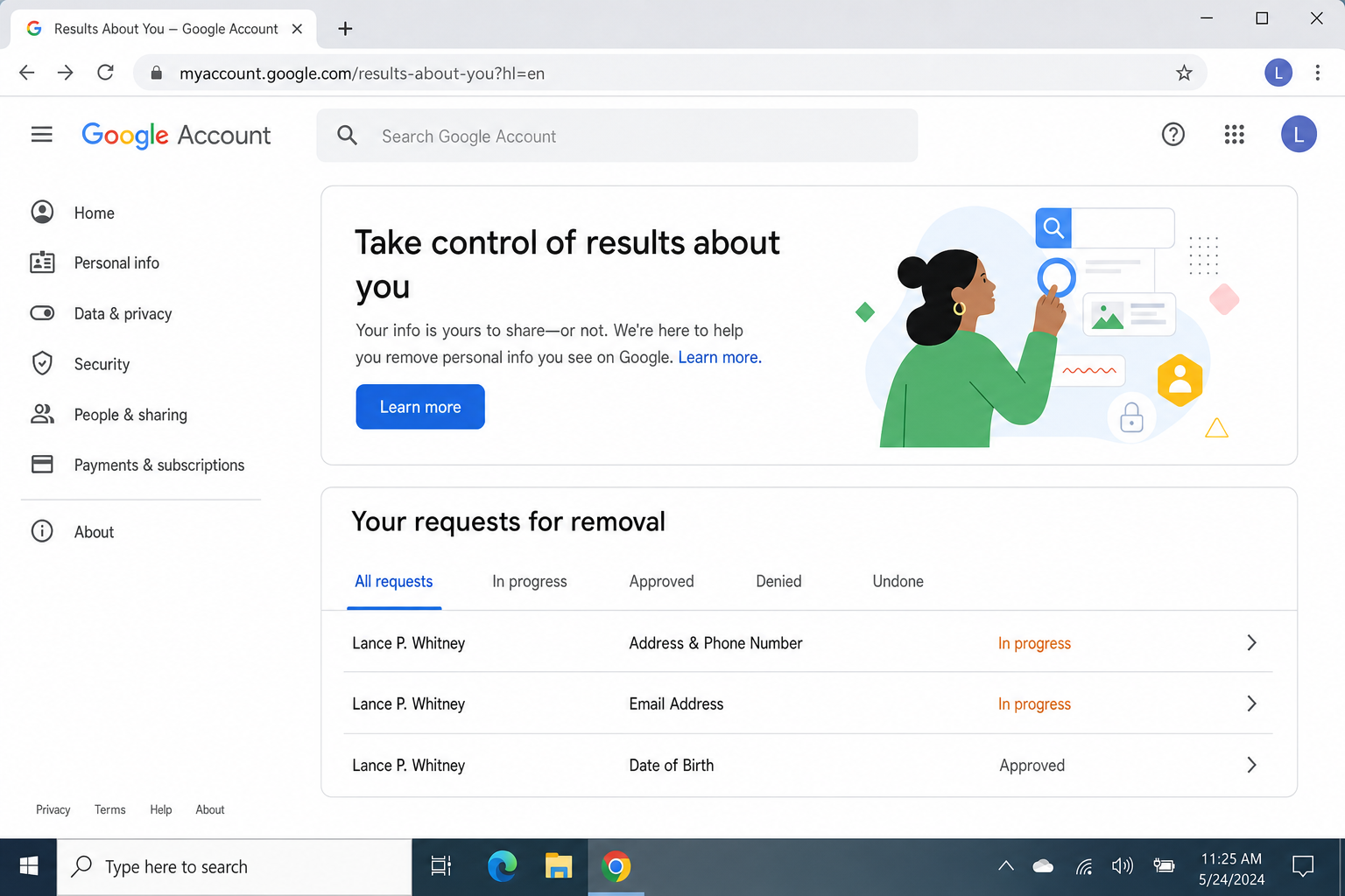 Google Account dashboard showing the Results About You section under Privacy, with personal information fields and removal request options visible
