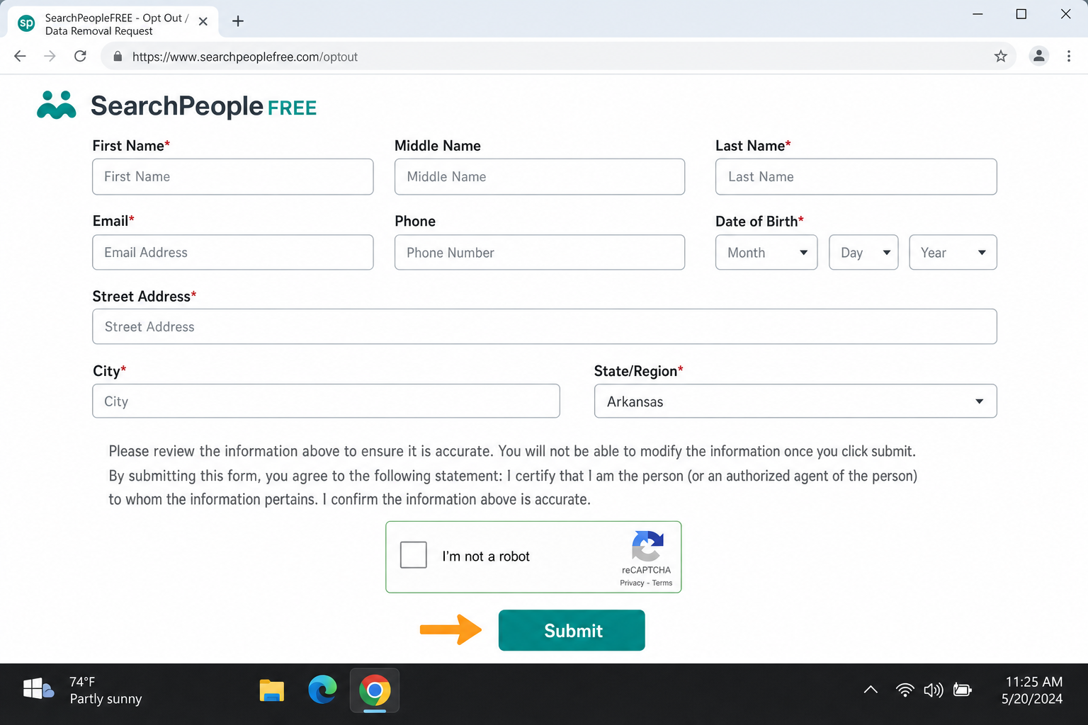 Example of a people-search site opt-out page showing a removal request form with name and address fields