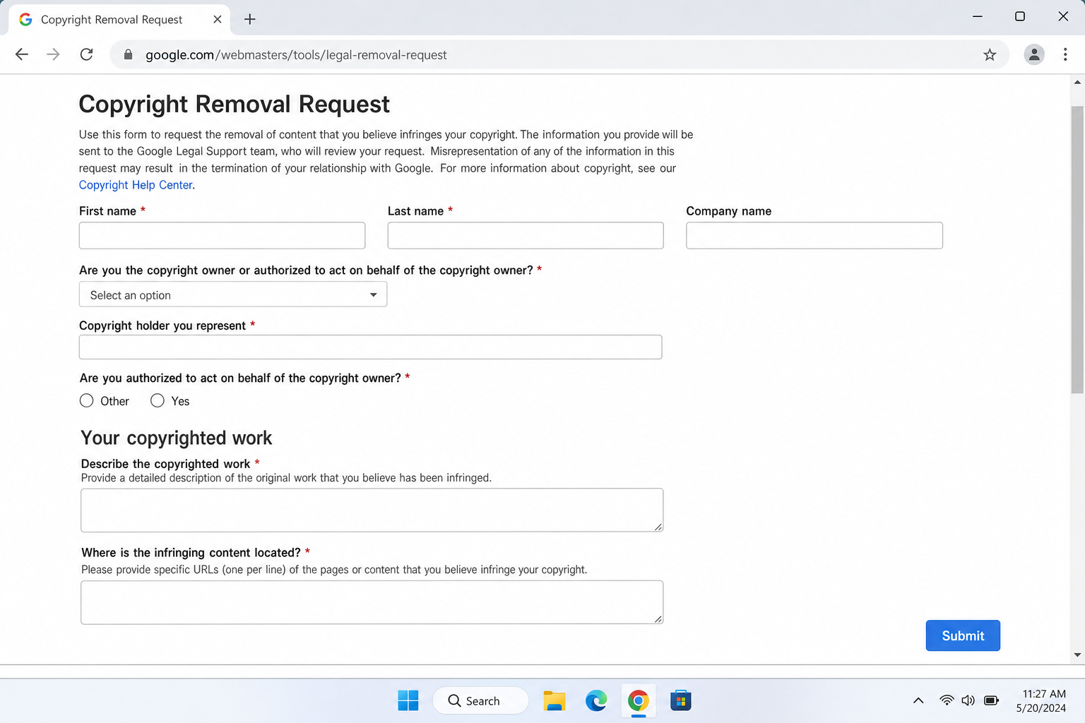 Example of a legal content removal request form or DMCA takedown notice template showing required fields