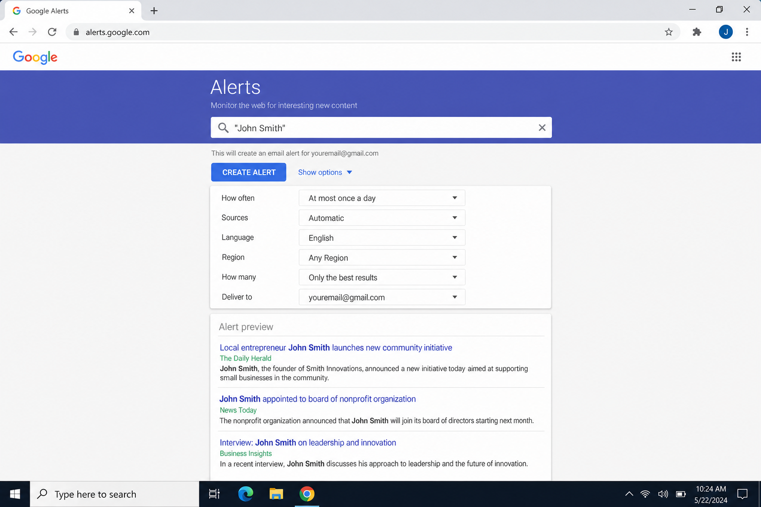 Google Alerts page showing a new alert being created for a person's name in quotes, with alert frequency and notification options visible