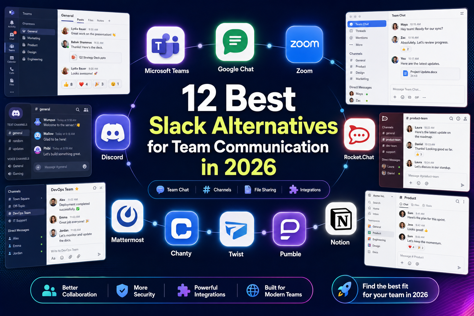 A collage or hero image showing several team communication app interfaces side by side, representing modern workplace chat tools in 2026