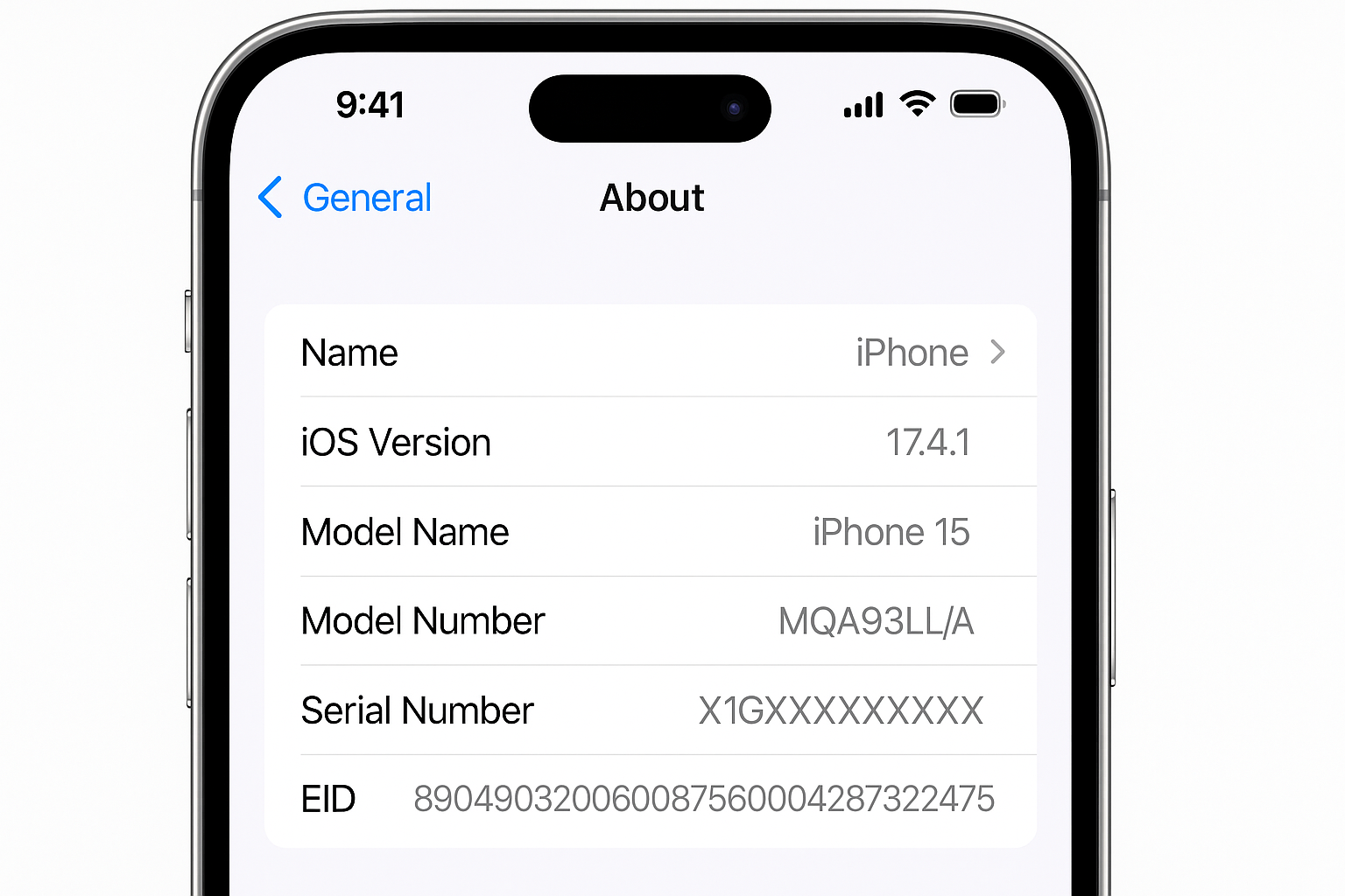 iPhone Settings > General > About page showing EID number field