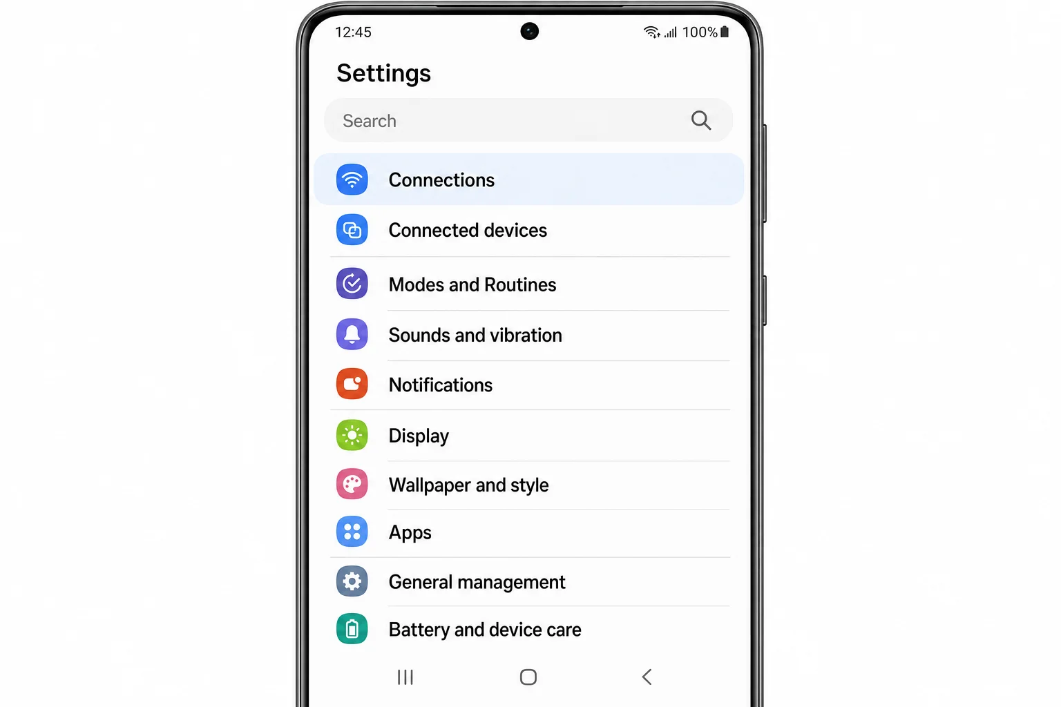 Samsung Galaxy phone Settings app main screen, One UI. Show a vertical list of settings rows each with an icon and a correctly-spelled English label: Connections (highlighted/selected), Sounds and vibration, Notifications, Display, Wallpaper and style, Apps, General management, Battery and device care. Crisp legible text, no misspelled or garbled words.