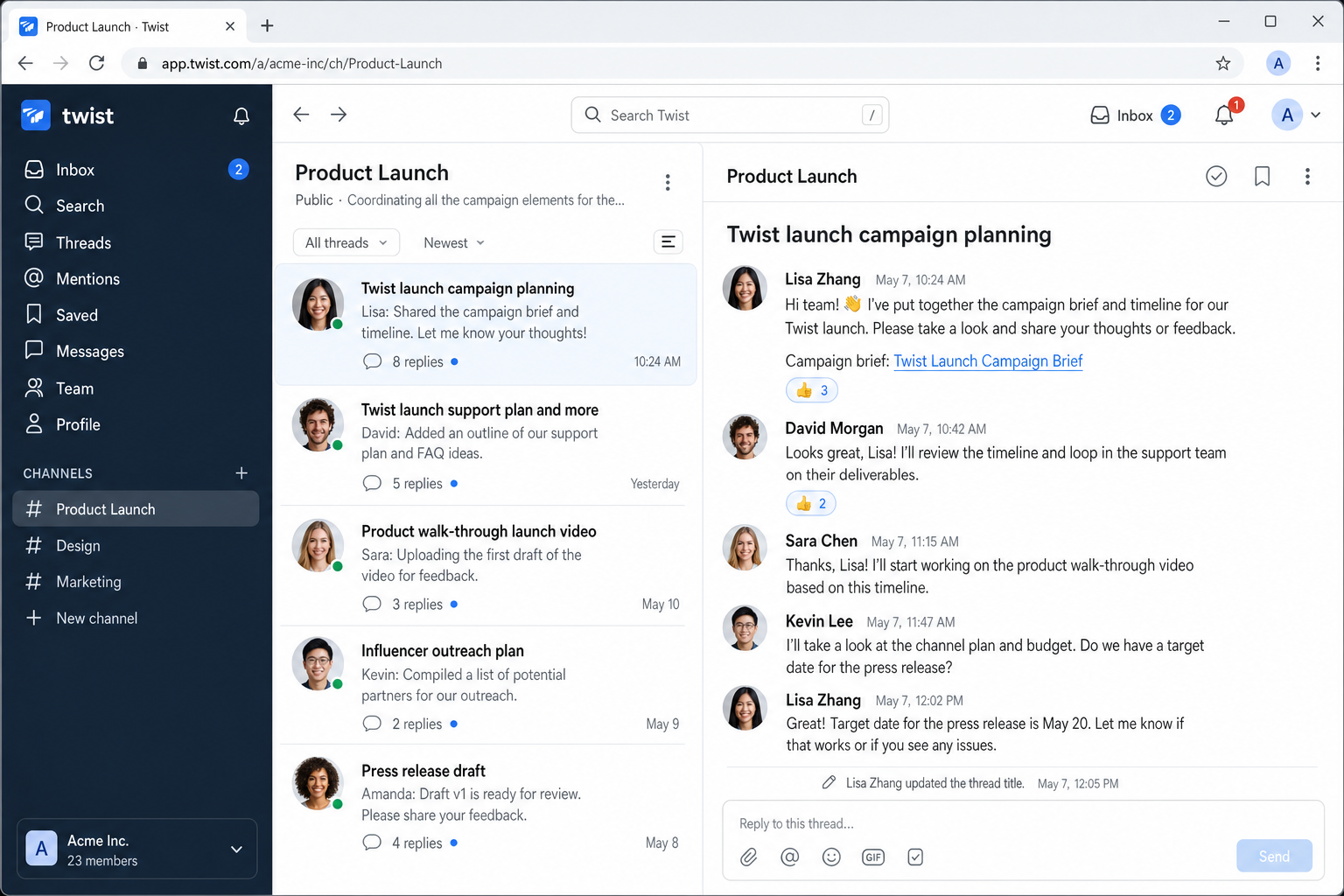 Twist interface showing the thread-based conversation layout with channels on the left, a threaded discussion open in the center, and inbox/notification controls visible