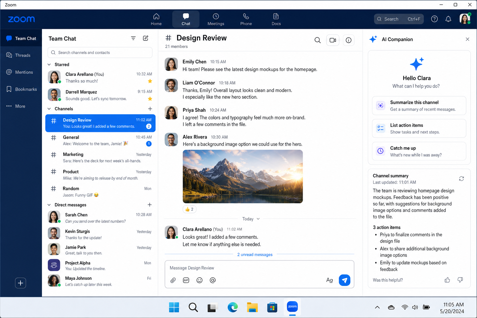 Zoom application showing Team Chat interface in the left panel alongside the Meetings and Docs tabs, with an active channel conversation visible