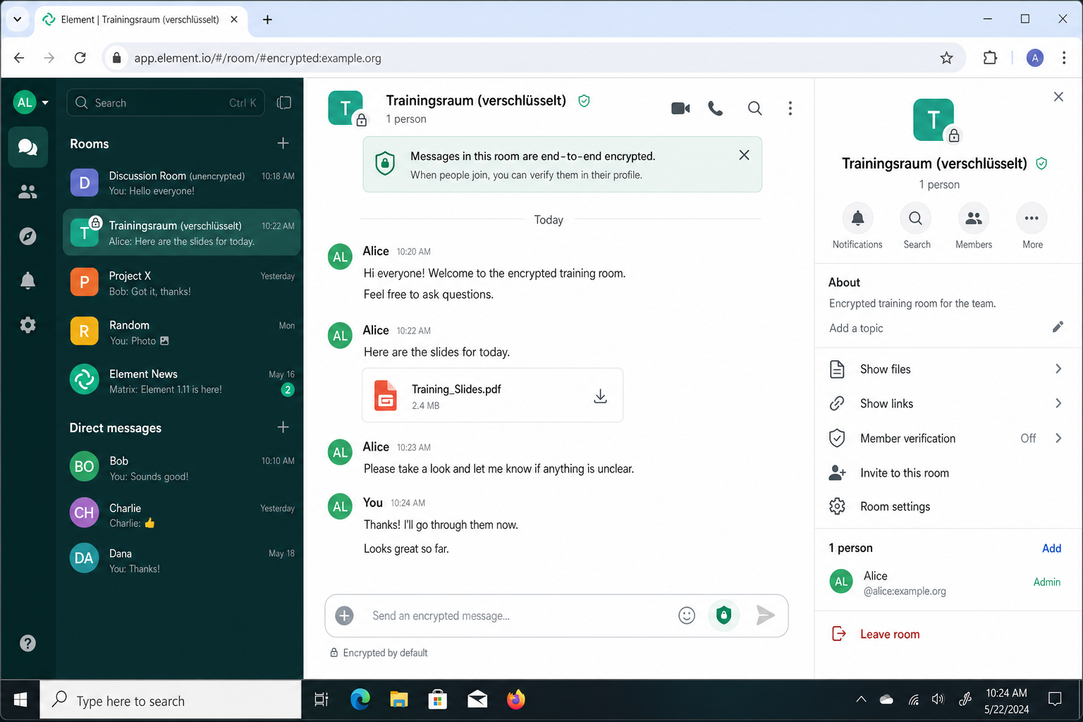 Element web interface showing a workspace with rooms in the left sidebar, an active encrypted conversation, and the end-to-end encryption indicator visible in the message composer