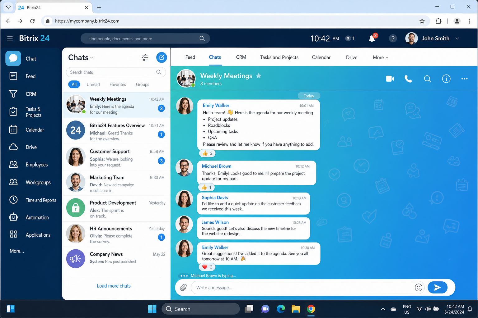 Bitrix24 interface showing the main dashboard with the left navigation panel displaying Chat, CRM, Tasks, Calendar, and Drive sections, with an active team chat conversation open