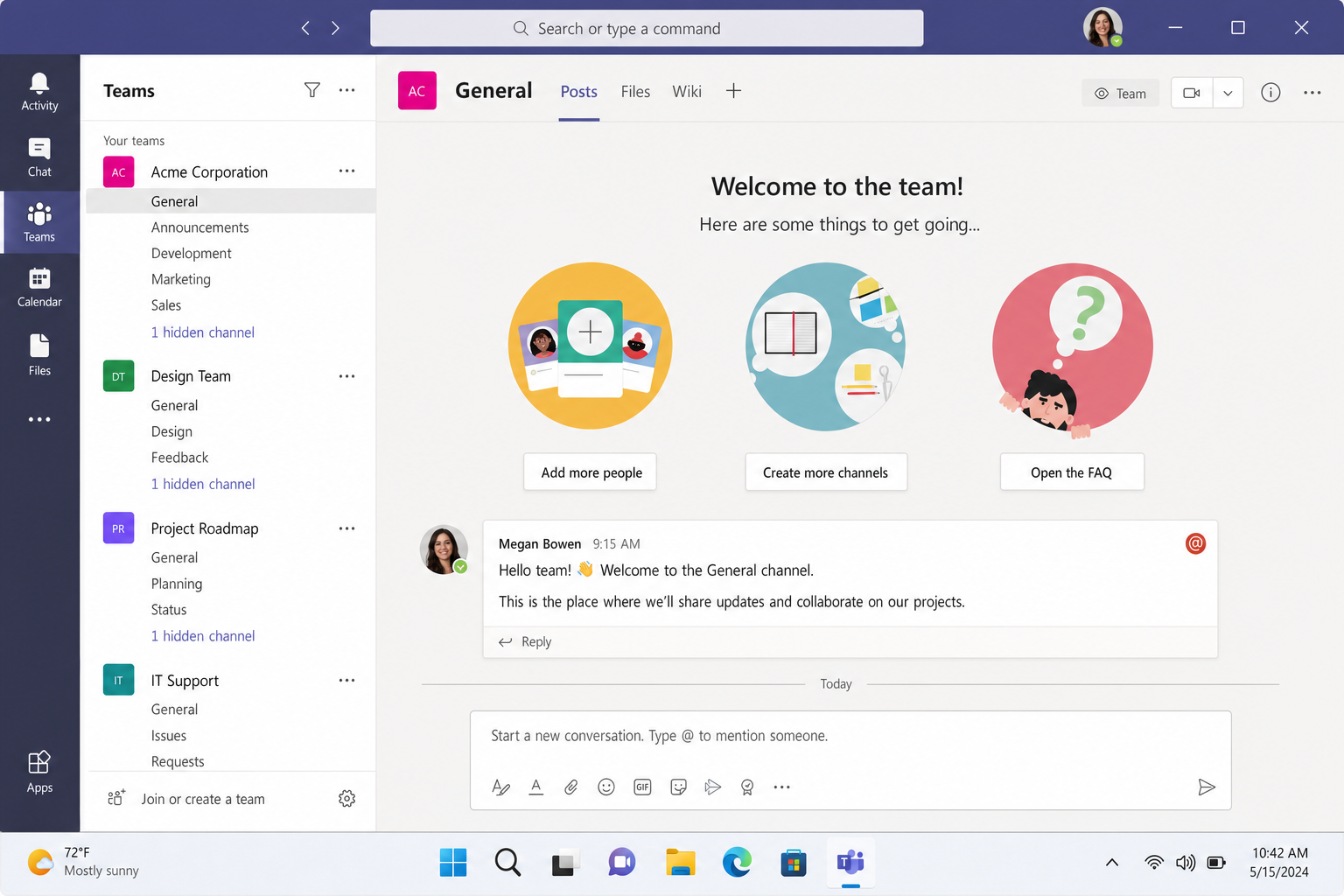 Microsoft Teams main interface showing left-hand navigation rail with Activity, Chat, Teams, Calendar, Files, and Apps icons, with an active team channel open