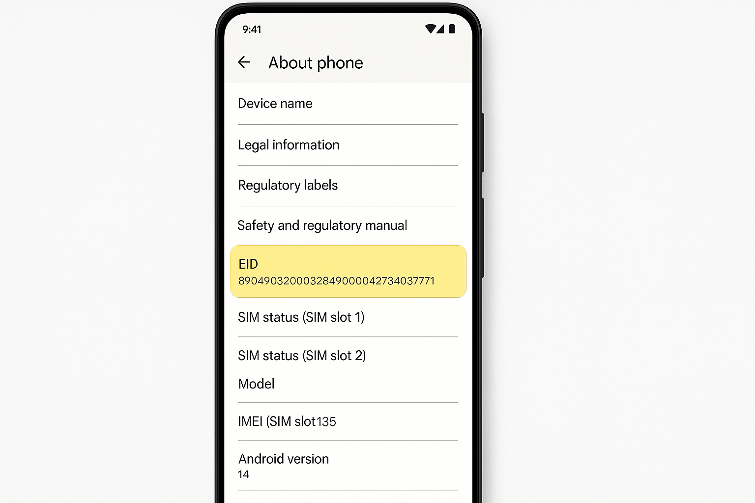 Android Settings > About phone showing EID information