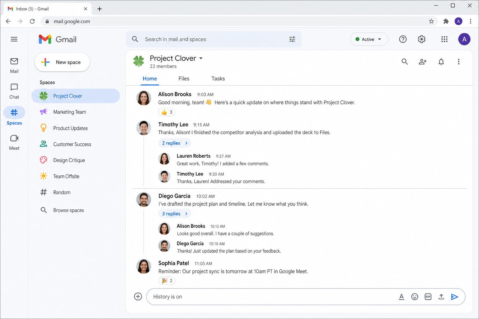 Google Chat interface inside Gmail showing the left-hand rail with Mail, Chat, Spaces, and Meet sections, with a Space open showing threaded messages and Files tab
