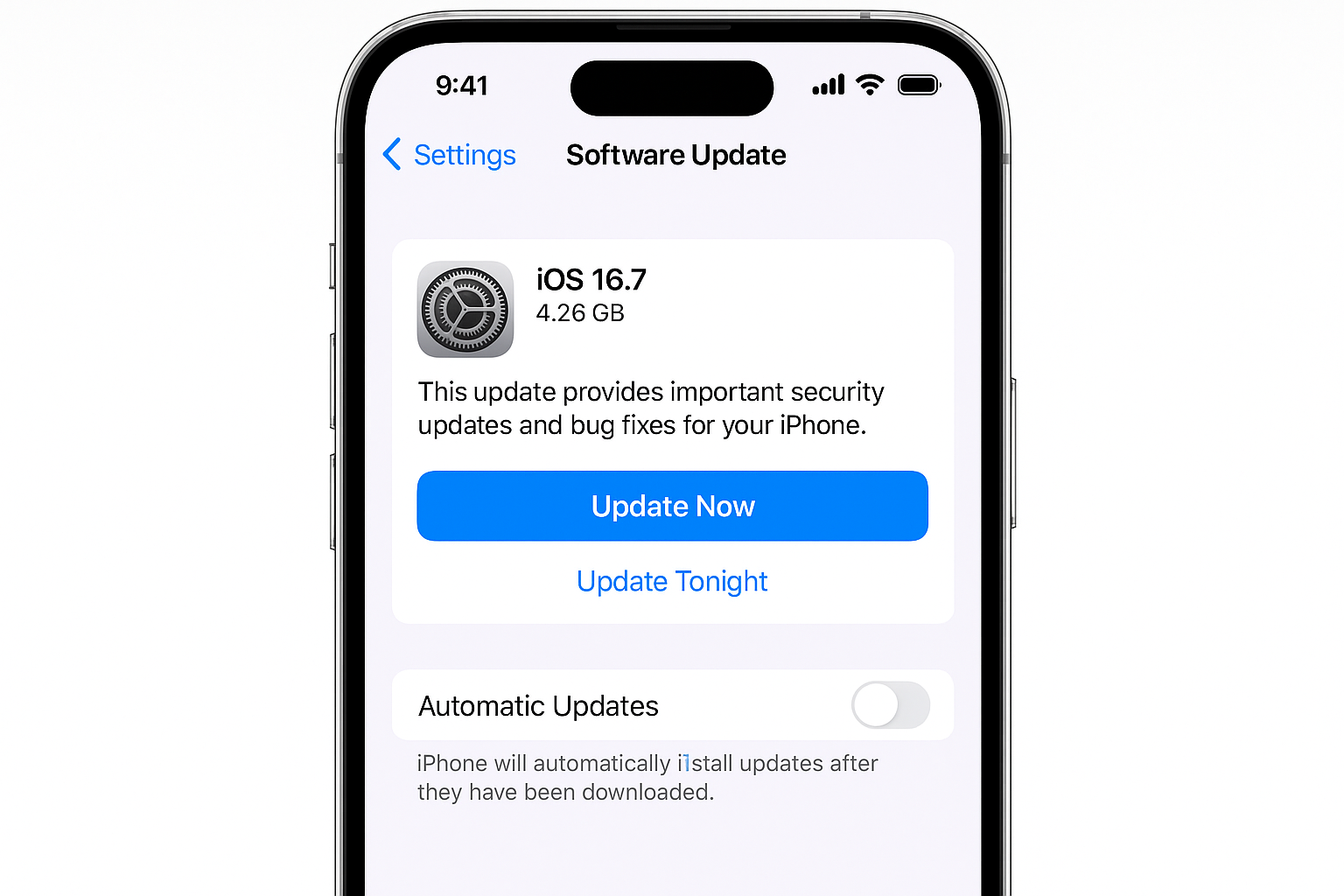 iPhone Settings > General > Software Update page with available update