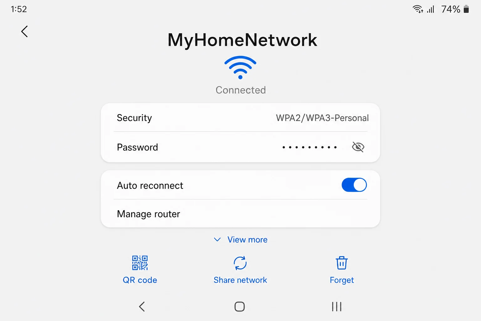 Samsung One UI Wi-Fi network detail screen with a clearly visible QR code button at the bottom. Clean legible UI, no garbled text.