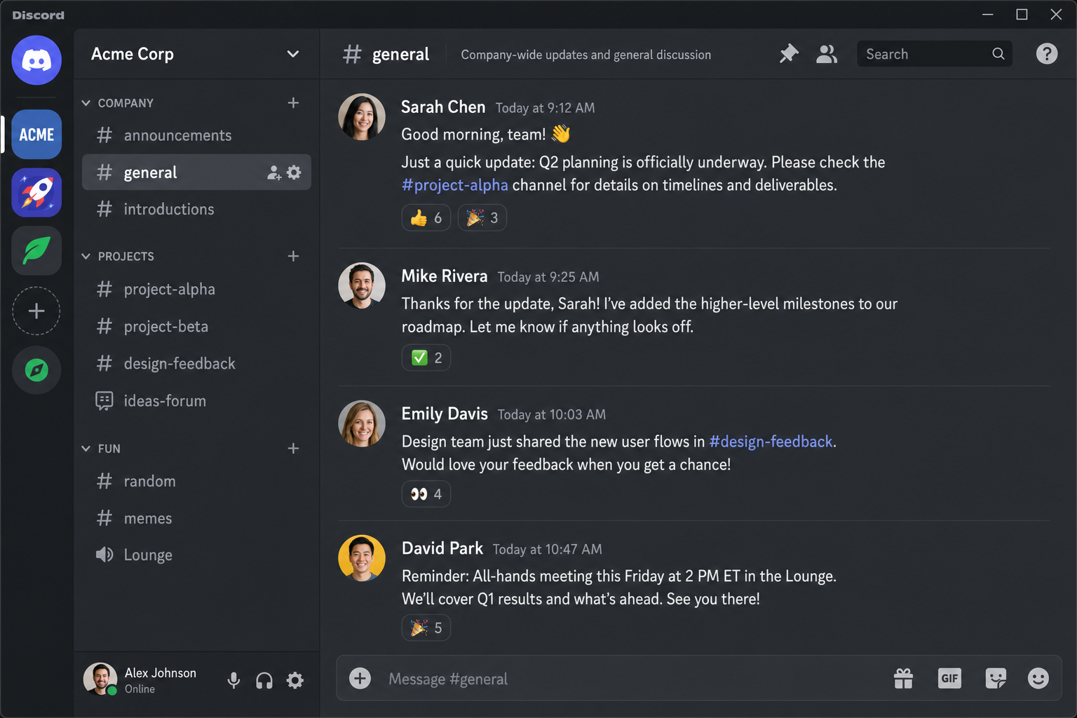 Discord server interface showing a company workspace with categories like Company, Projects, and Fun, with text channels, voice channels, and a forum channel visible in the sidebar