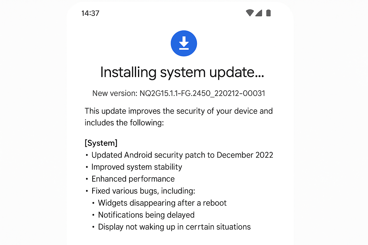 Android Settings > System > System update page