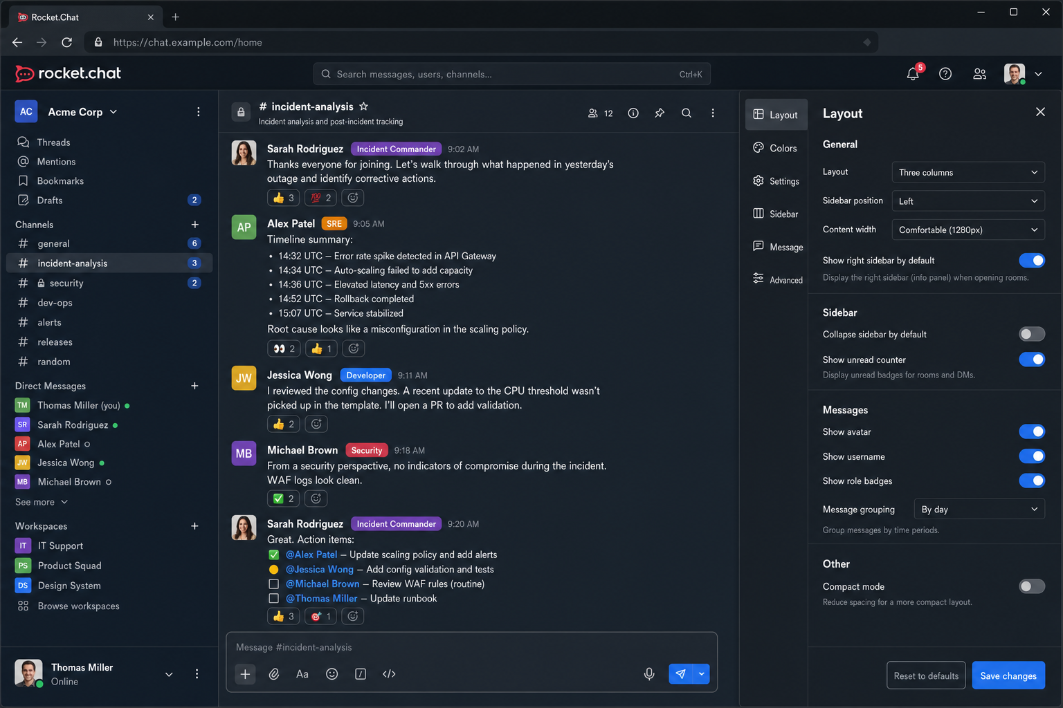 Rocket.Chat interface showing a workspace with channel sidebar, active team conversation, and admin settings panel visible
