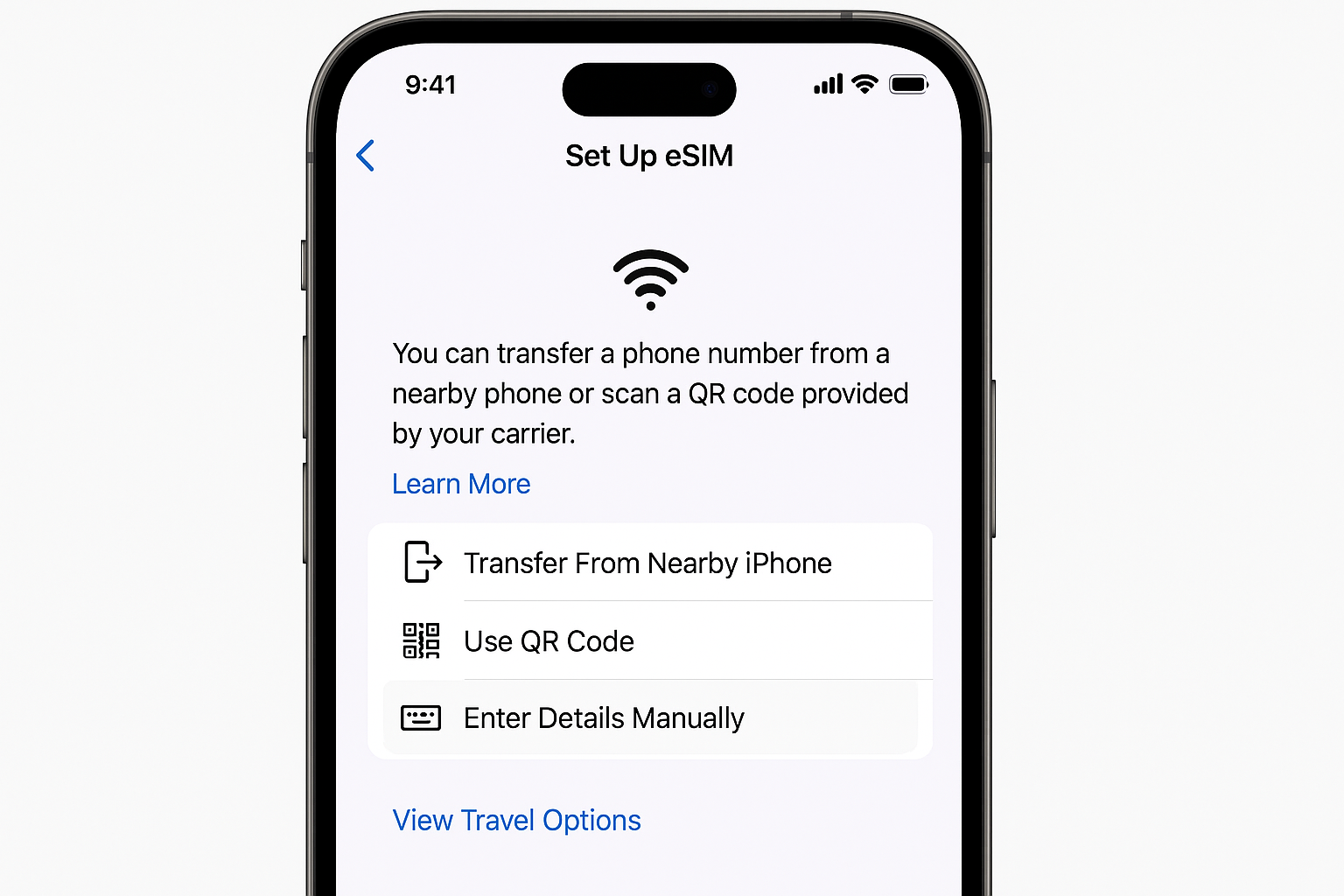 iPhone Settings > Cellular > Add eSIM with manual entry option highlighted