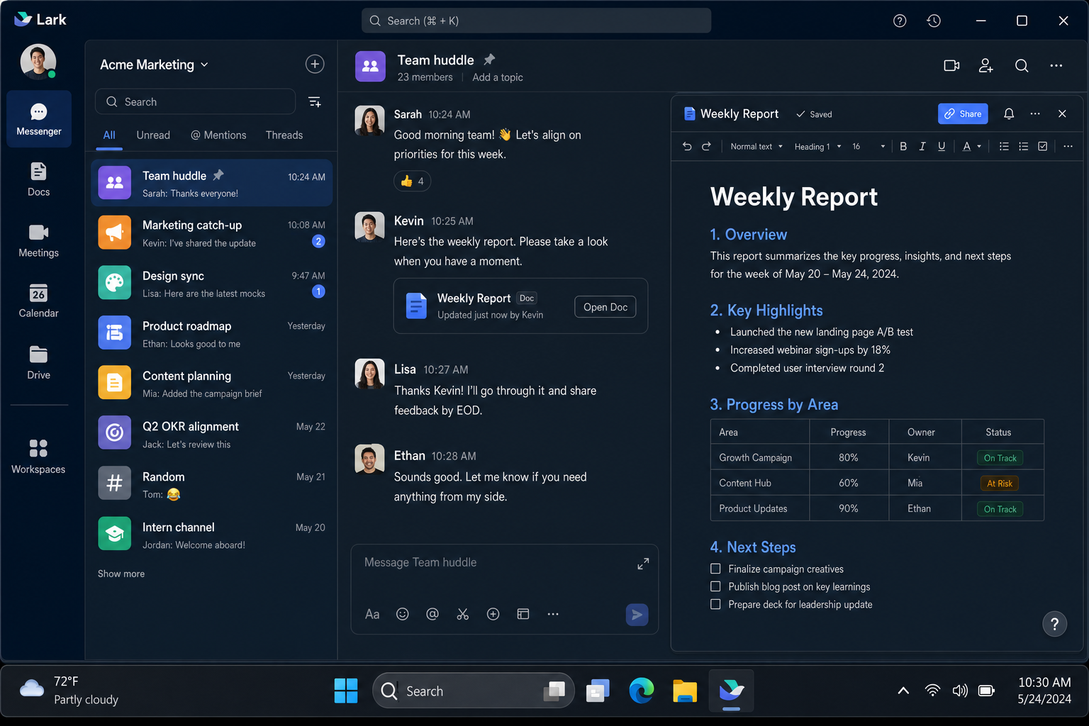 Lark workspace interface showing left navigation with Chats, Docs, Meetings, Calendar, and Drive sections, with a team channel open alongside an embedded document