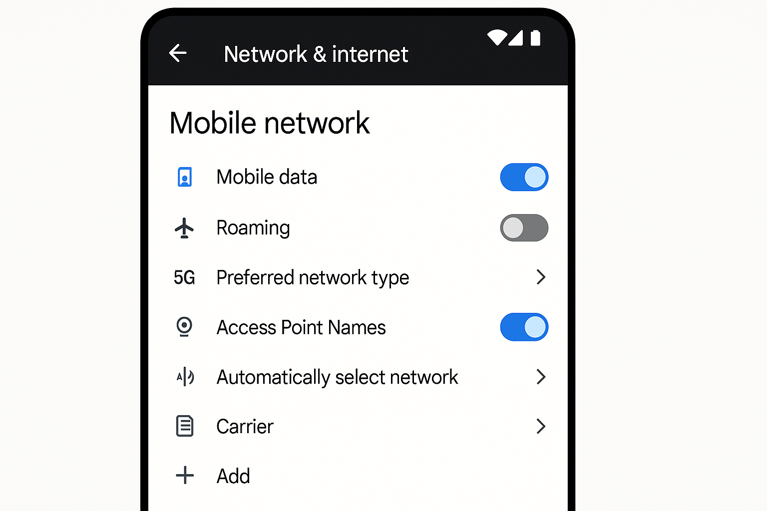 Android Settings > Network & Internet > Mobile Network with Add option