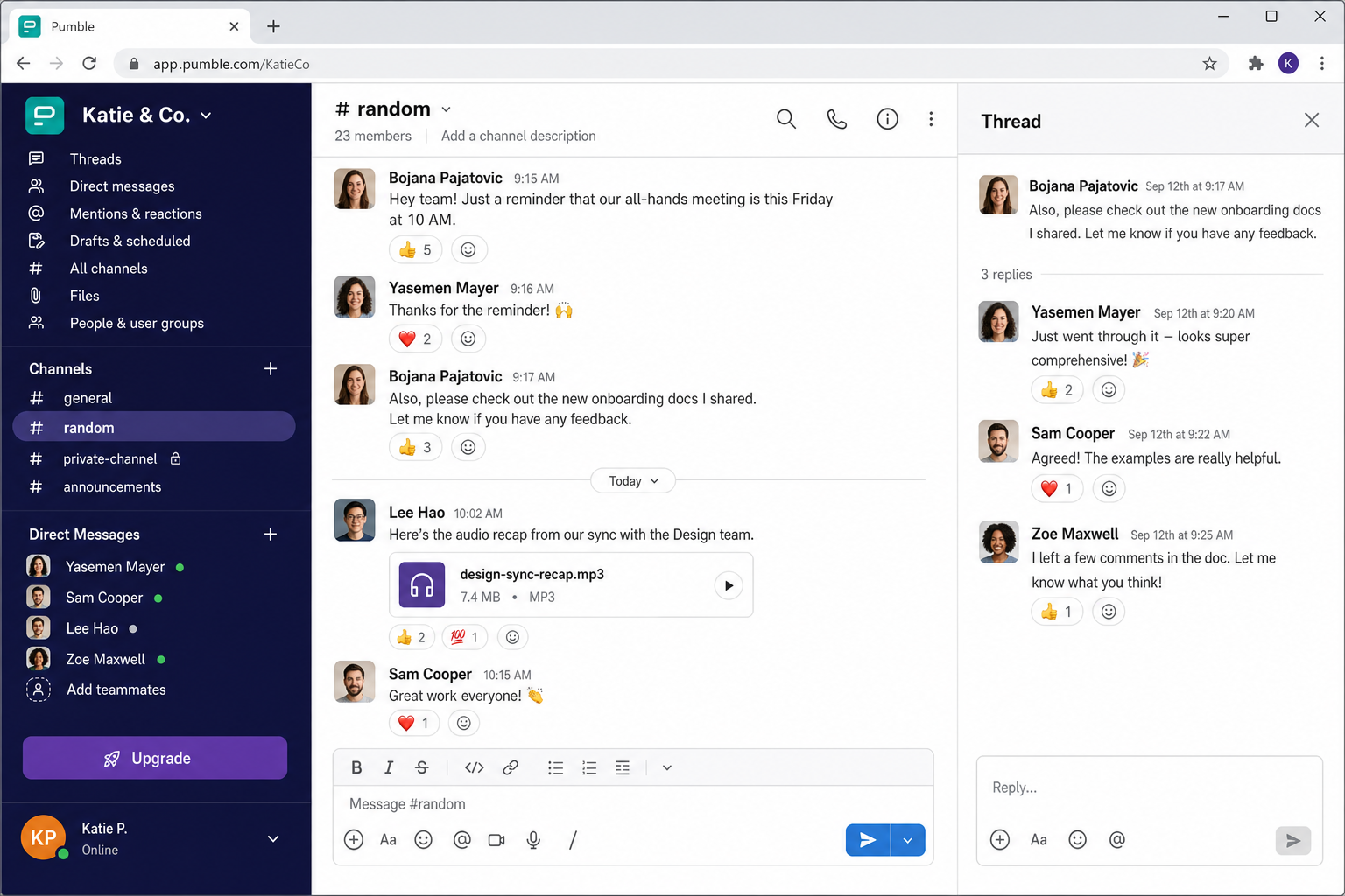 Pumble interface showing a workspace with channel list, direct messages, and an active conversation thread, highlighting the clean Slack-like layout