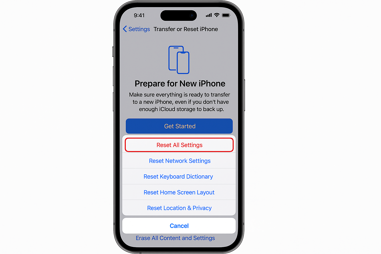 iPhone Settings > General > Transfer or Reset iPhone > Reset options