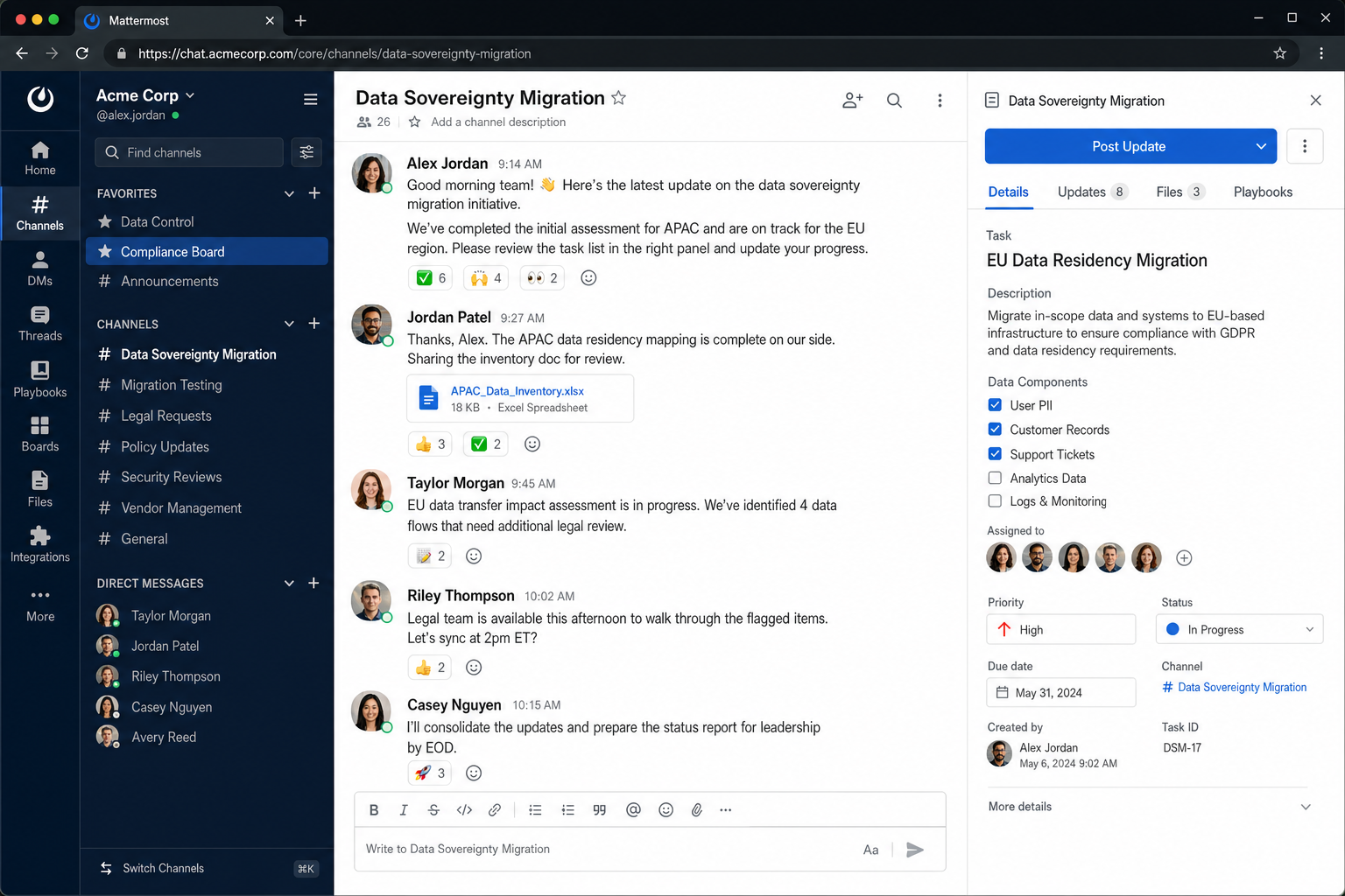 Mattermost interface showing a self-hosted workspace with team channels, threaded messages, and an admin configuration panel in the background