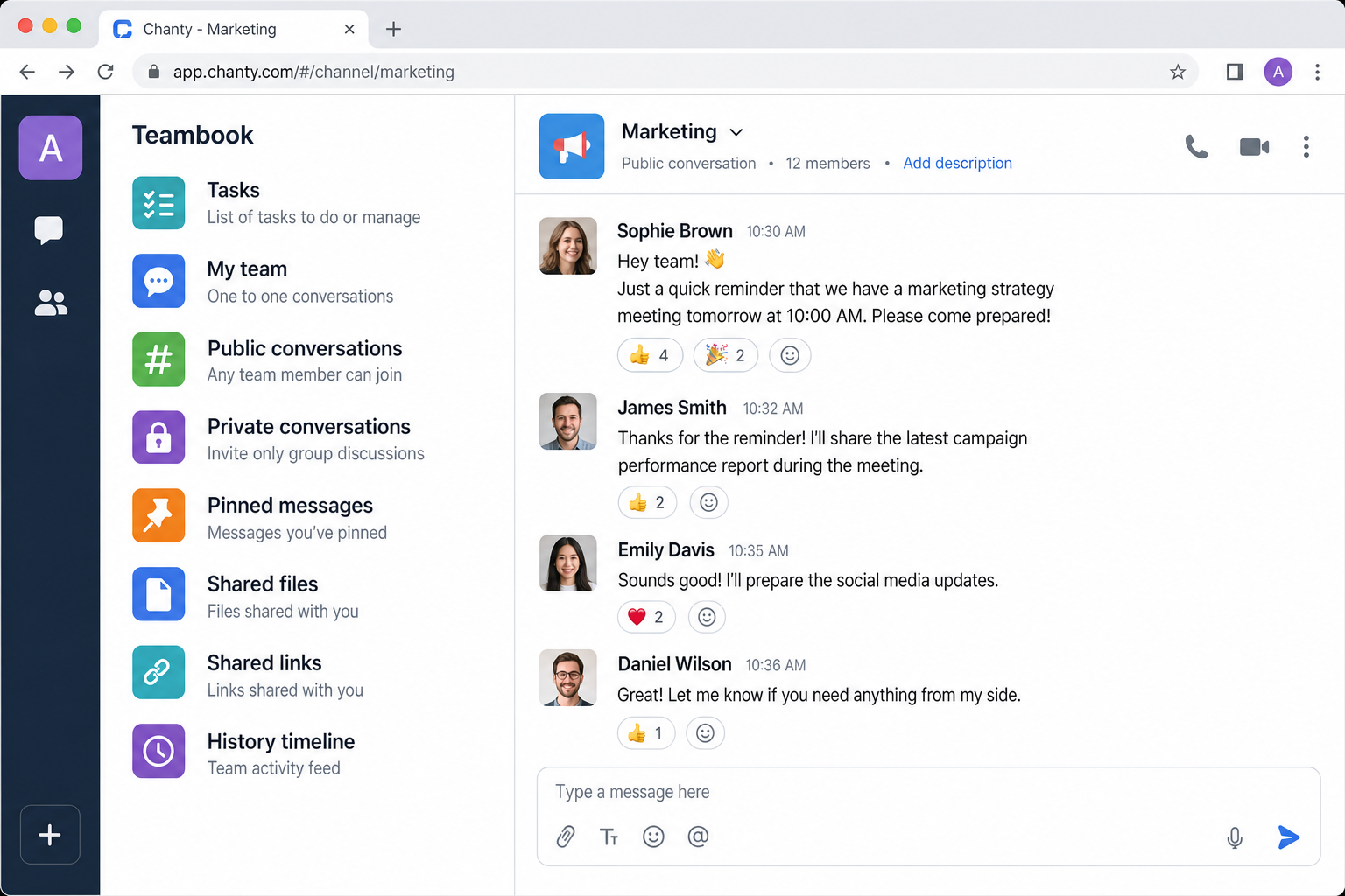 Chanty interface showing a workspace with the Teambook panel open, displaying organized tasks, chats, and files in a sidebar alongside an active channel conversation