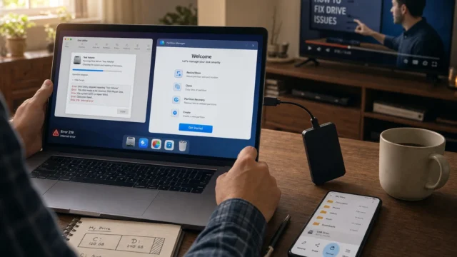 Person works at a desk with a laptop showing disk utilities and a connected external drive; a smartphone and mug sit nearby, while a TV in the background displays a drive-fix tutorial. - 5-hard-drive-formatting-and-partitioning-utilities-featured