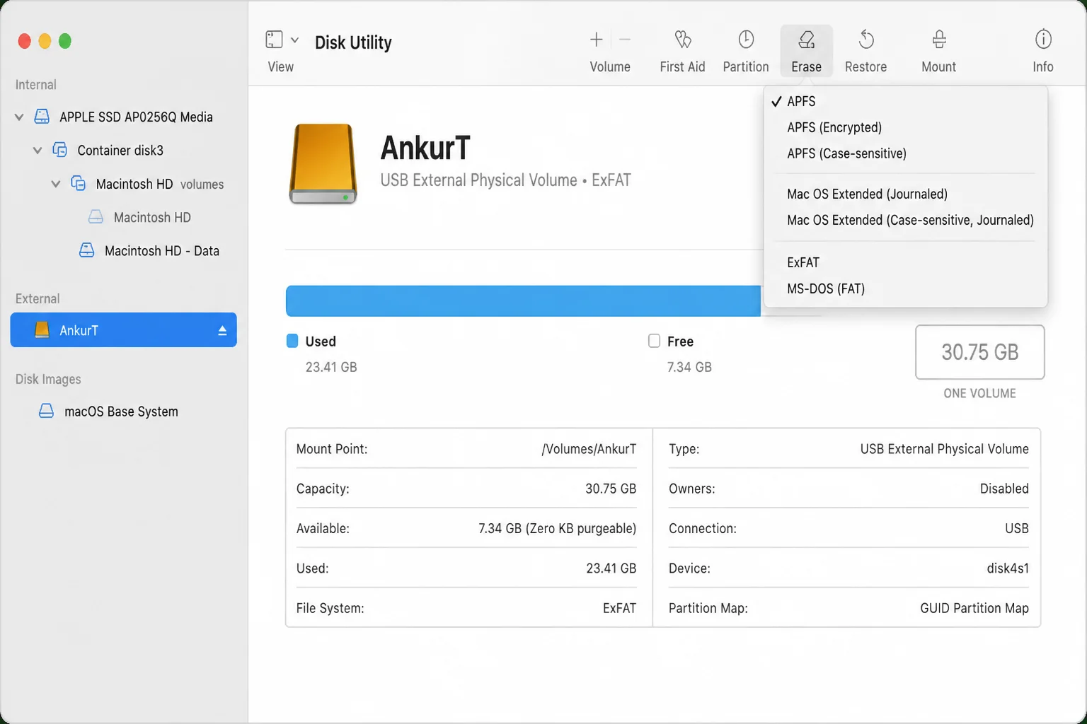 macOS Disk Utility showing a connected external drive selected with the Erase button visible and format options including