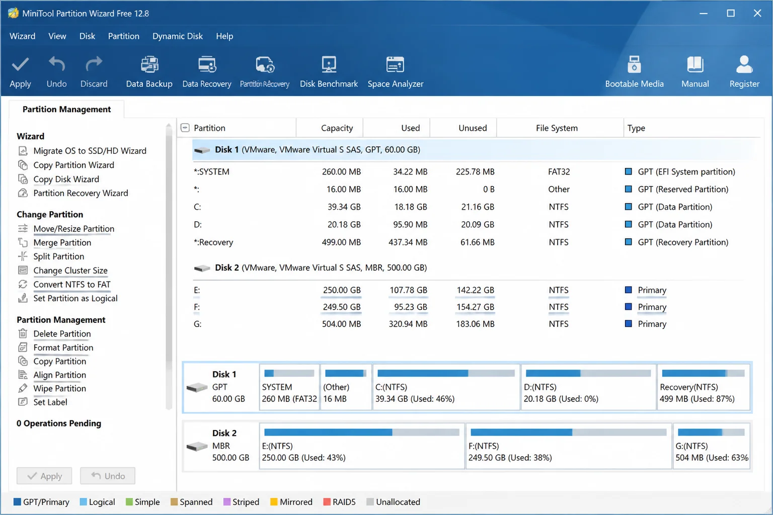 MiniTool Partition Wizard Free main interface showing disk map at the bottom and partition list with available actions on