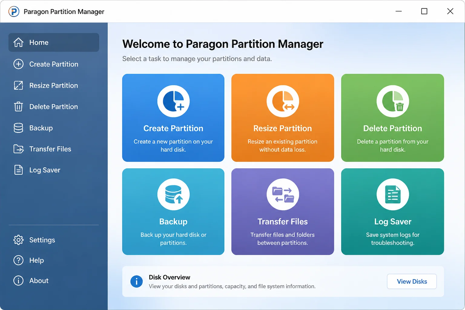 Paragon Partition Manager Free main screen showing task-based wizard options including partition manager, backup, disk